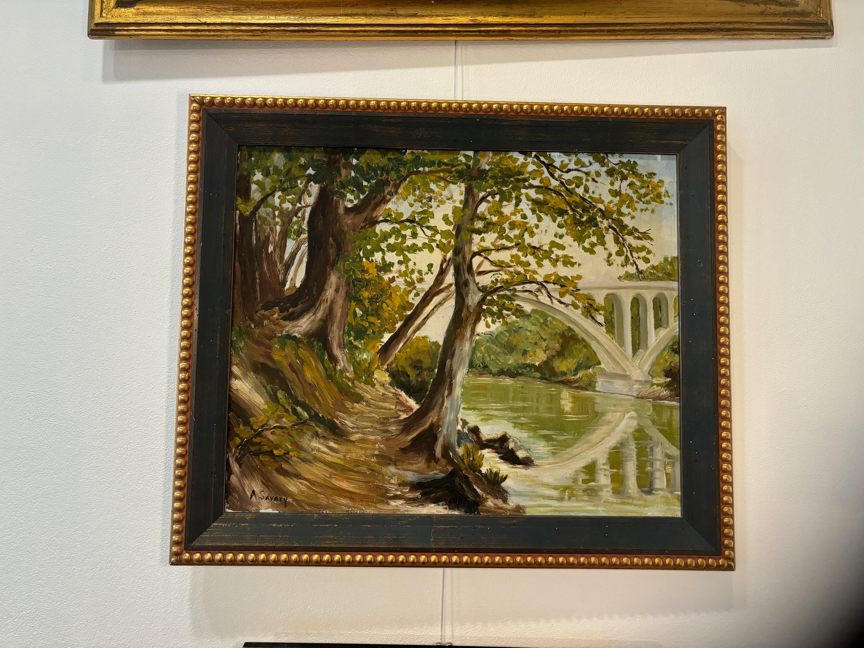 River Bank von A. Savary - Öl auf Leinwand 46x56 cm im Angebot 2
