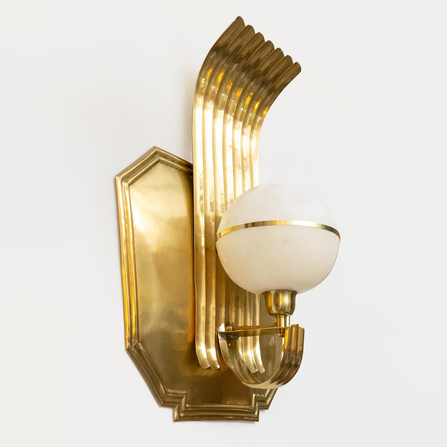 Scandinavian Modern Art Deco Polished Brass Sconce with Alabaster Globe Shade In Good Condition In New York, NY