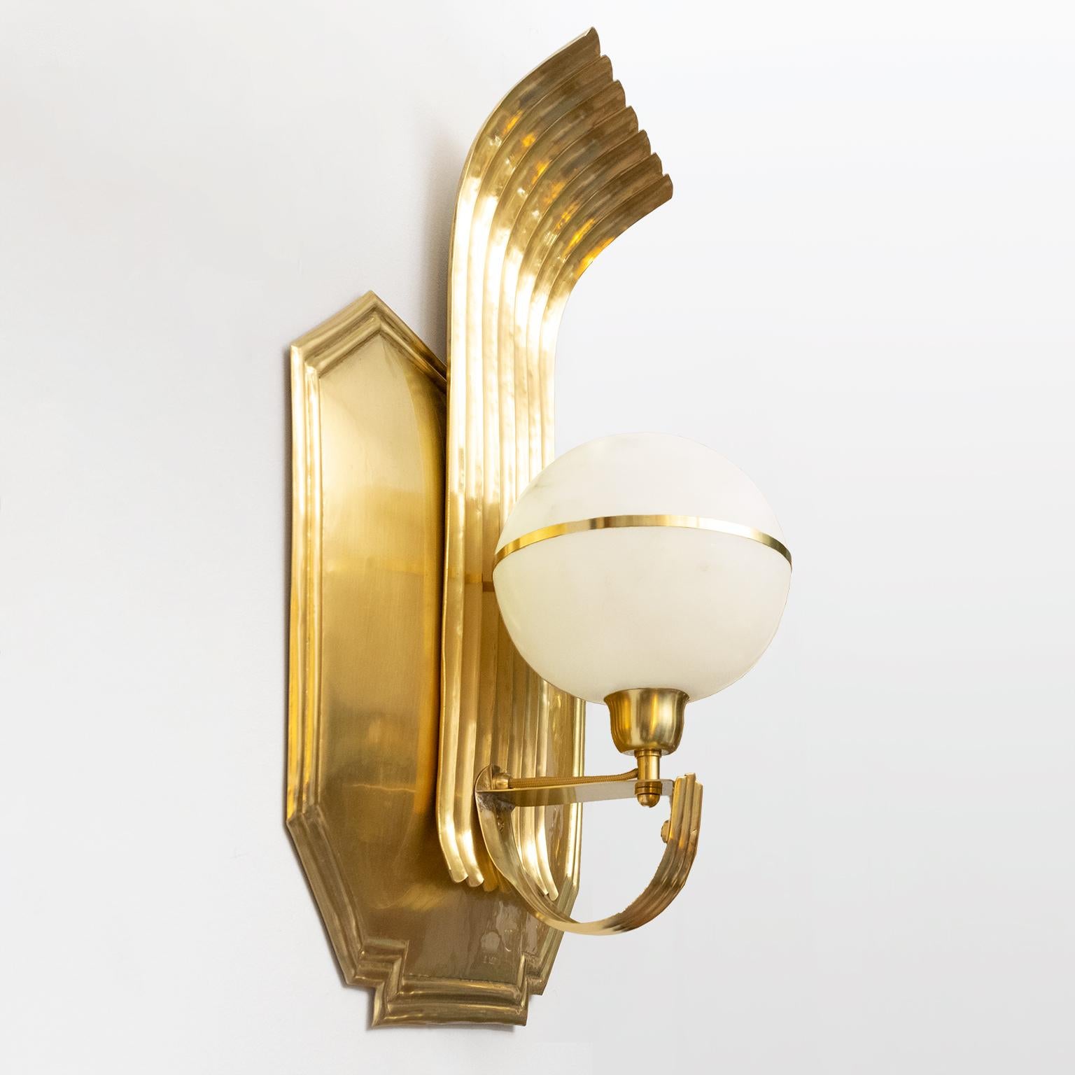 20th Century Scandinavian Modern Art Deco Polished Brass Sconce with Alabaster Globe Shade