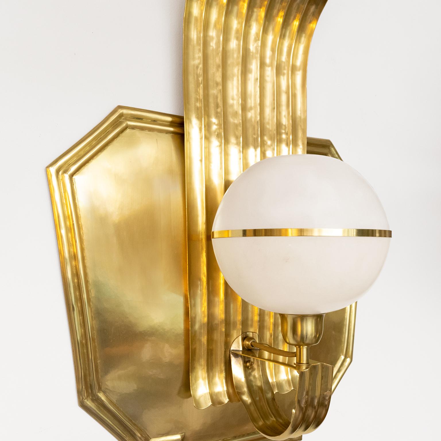 Scandinavian Modern Art Deco Polished Brass Sconce with Alabaster Globe Shade 1