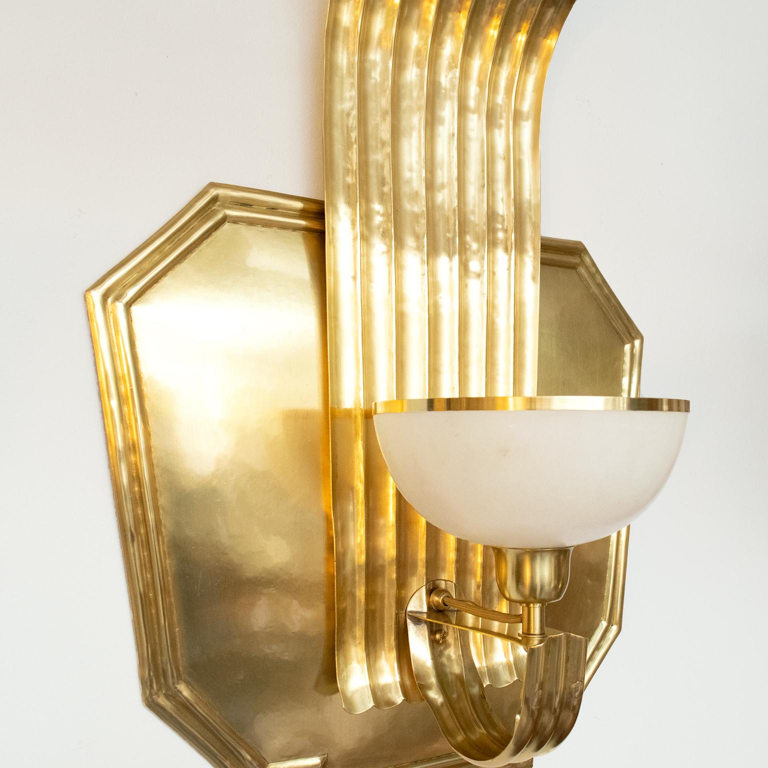 Scandinavian Modern Art Deco Polished Brass Sconce with Alabaster Globe Shade 2