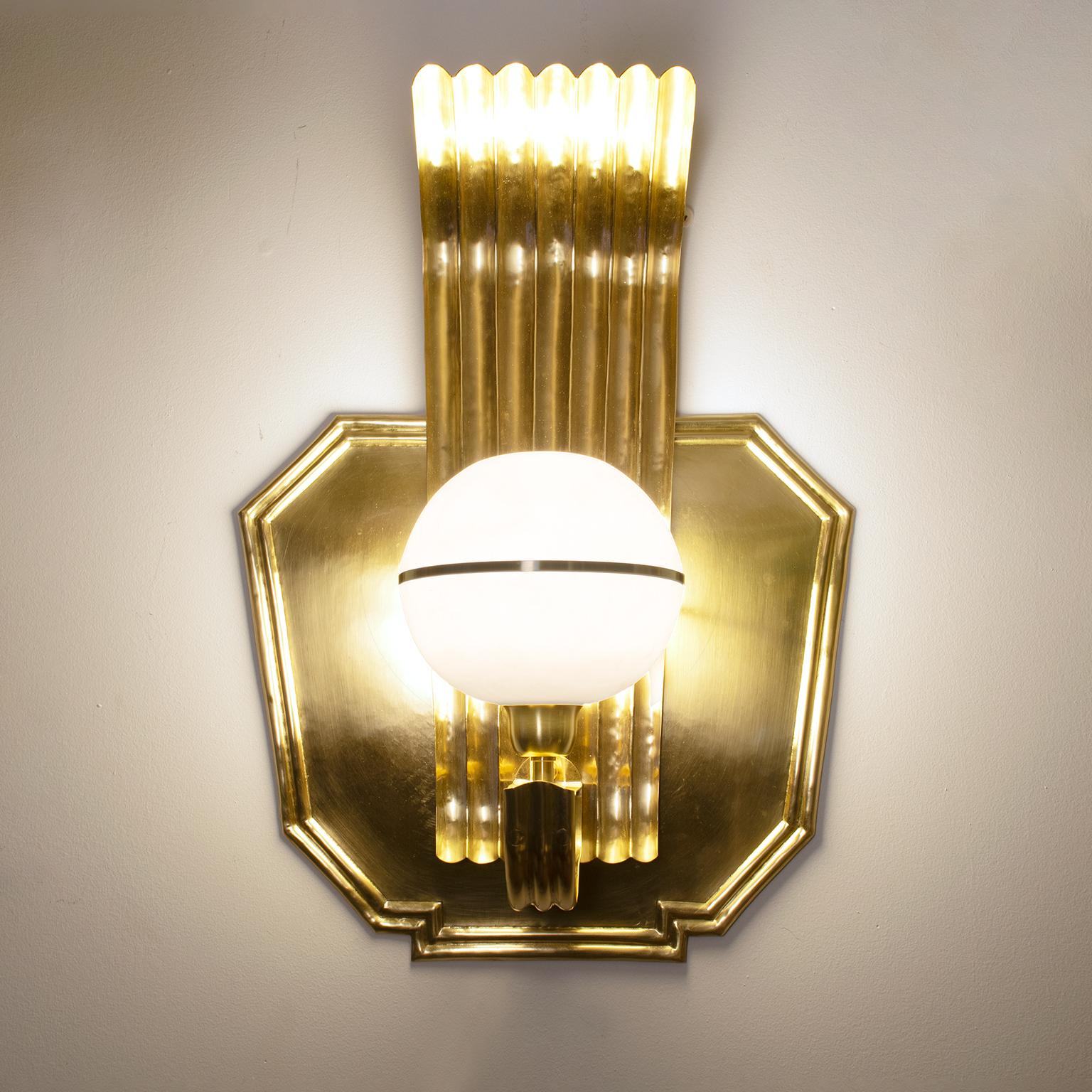 Scandinavian Modern Art Deco Polished Brass Sconce with Alabaster Globe Shade 3