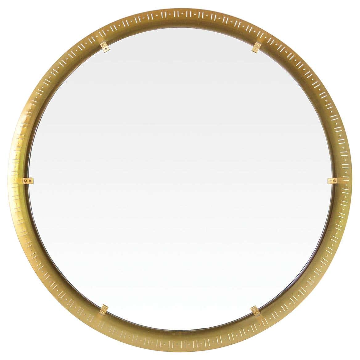 Scandinavian Modern, Round Polished Brass Mirror with Cutouts For Sale
