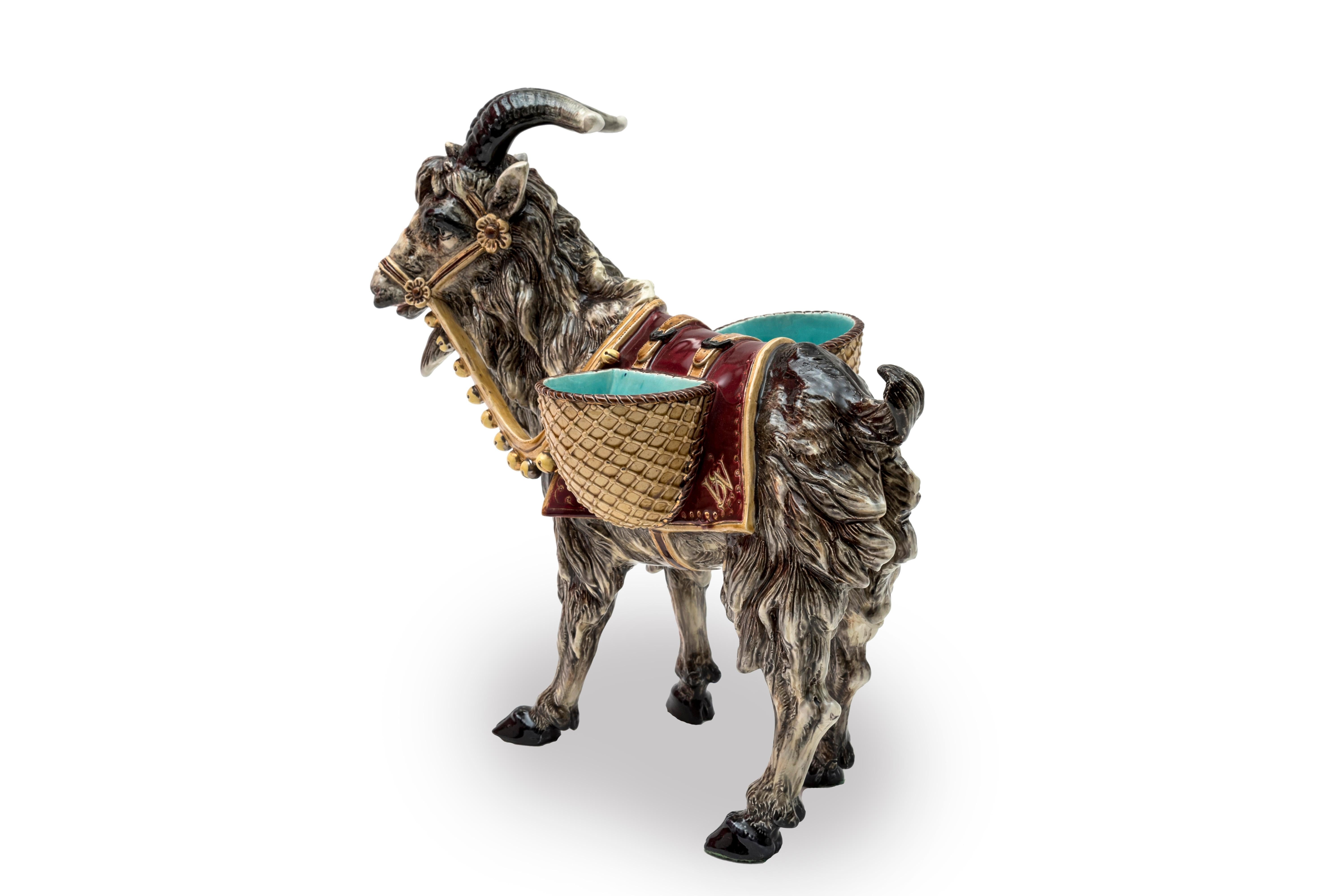 Enameled Schiller and Son Signed Faience Ibex, Late 19th Century For Sale