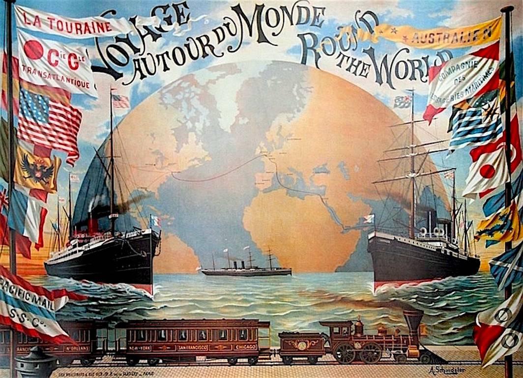 Unknown Landscape Print - Reprint:Voyage Autour du Monde, World Travel Poster, Oversize Fine Art Print 53"