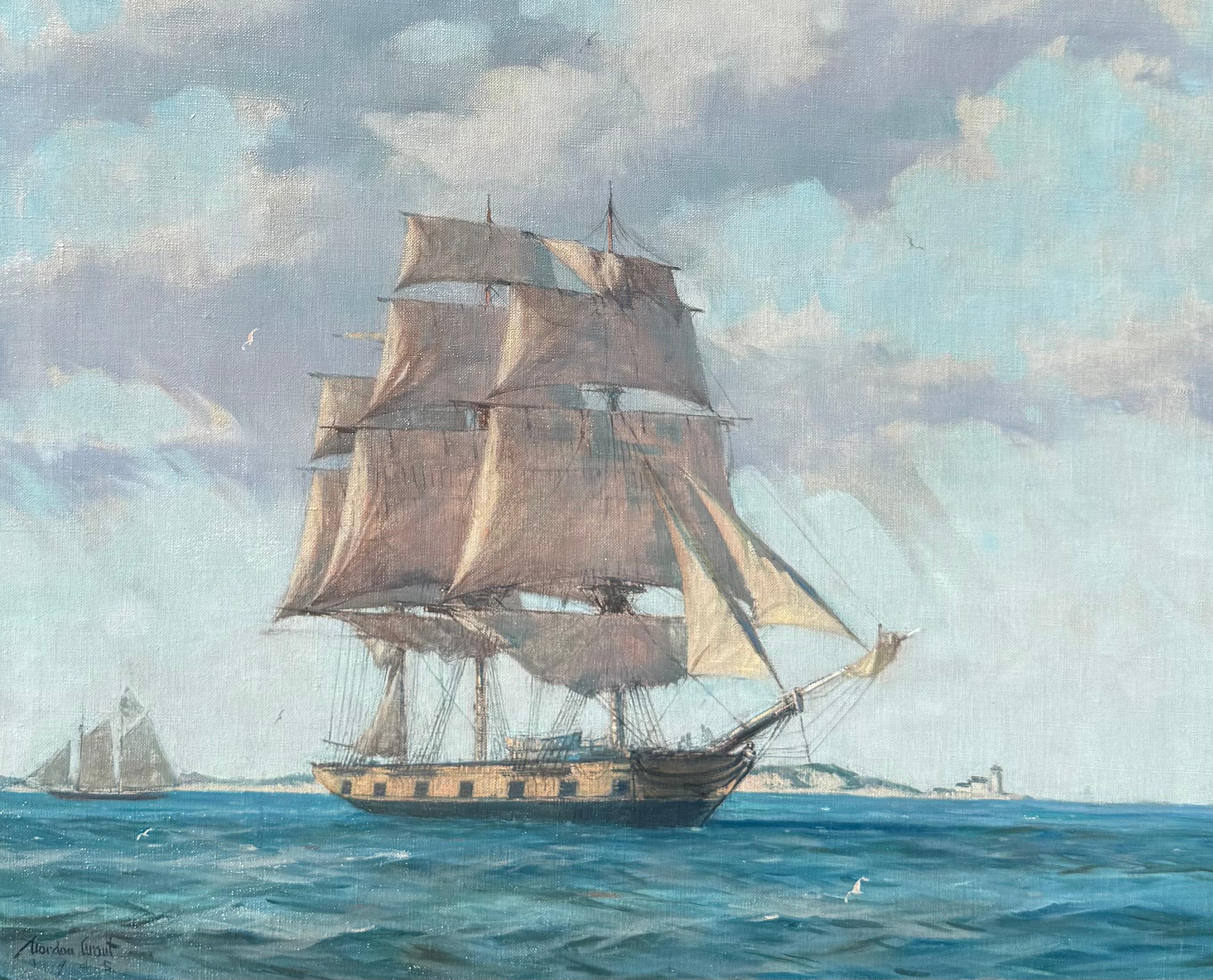 An oil on canvas by American artist Gordon Hope Grant featuring a schooner off of the coast.  This painting is signed and dated i1945 n the lower left and measures 33.5