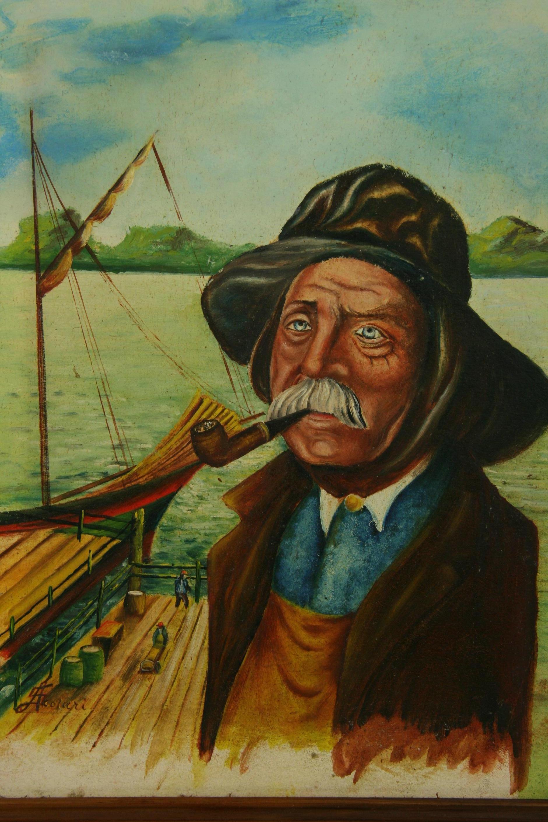 Antique Neapolitan Sea Captain Portrait Seascape Oil Painting - Brown Landscape Painting by A. Scolari