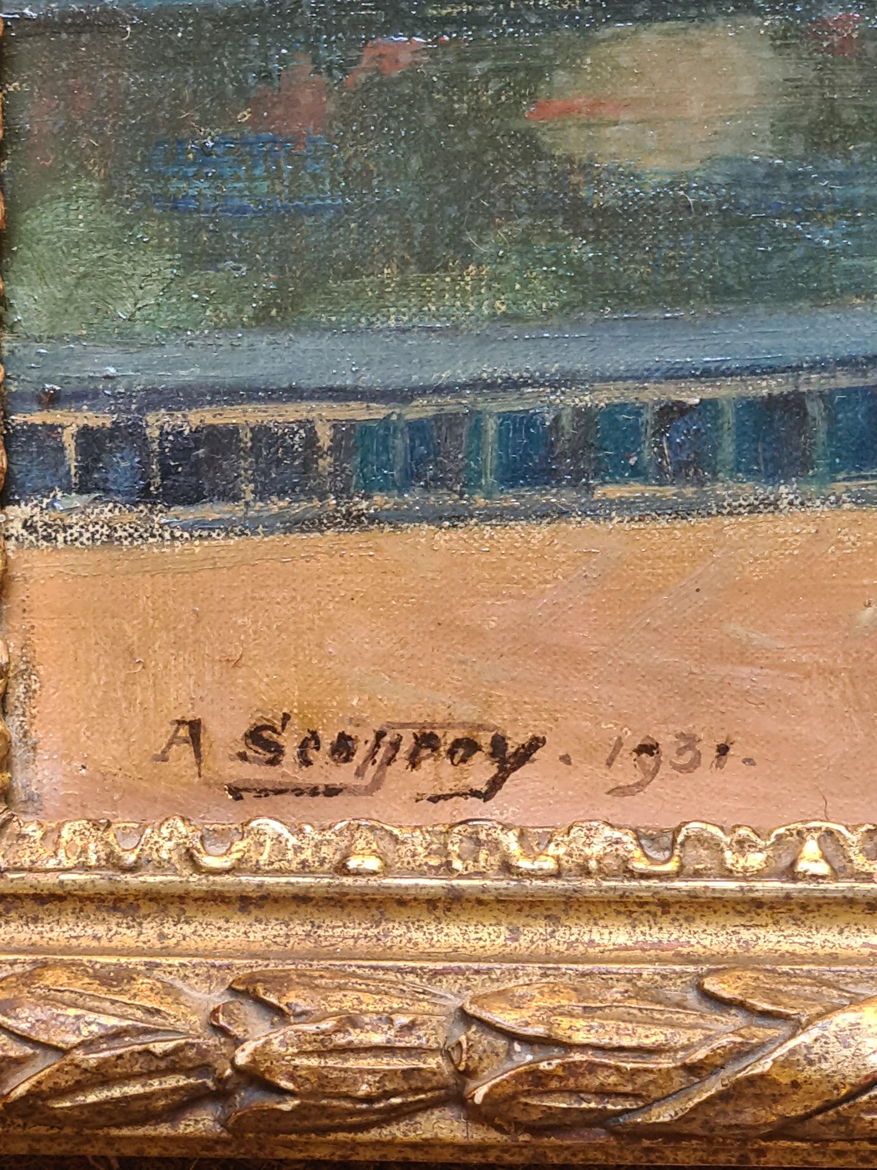 Vue de Paris, Les Invalides et Sacre Coeur, Le Jardin Art Déco - Art déco Painting par A Scottroy