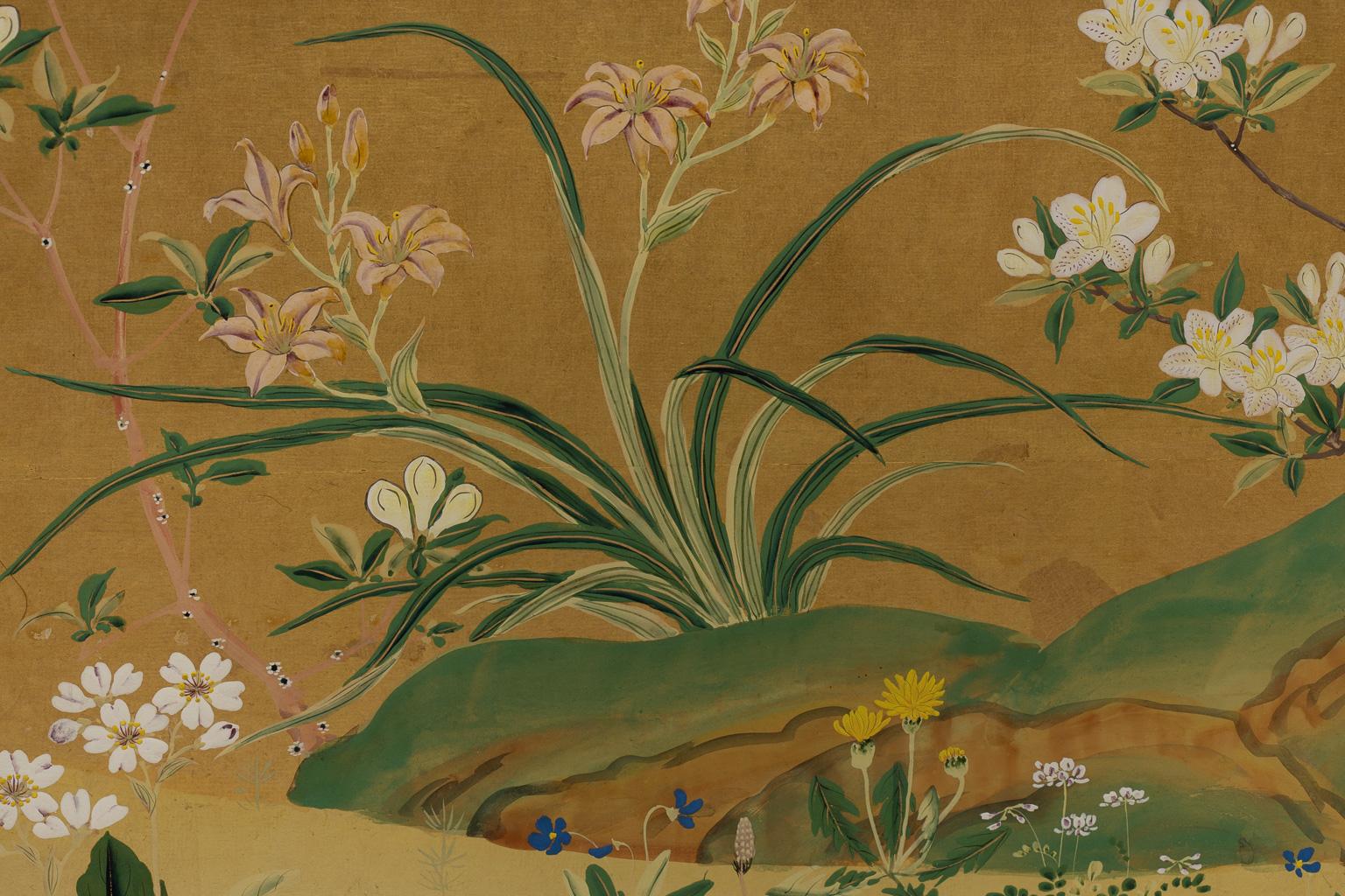 Japanese Screen with Spring and Summer Flowers