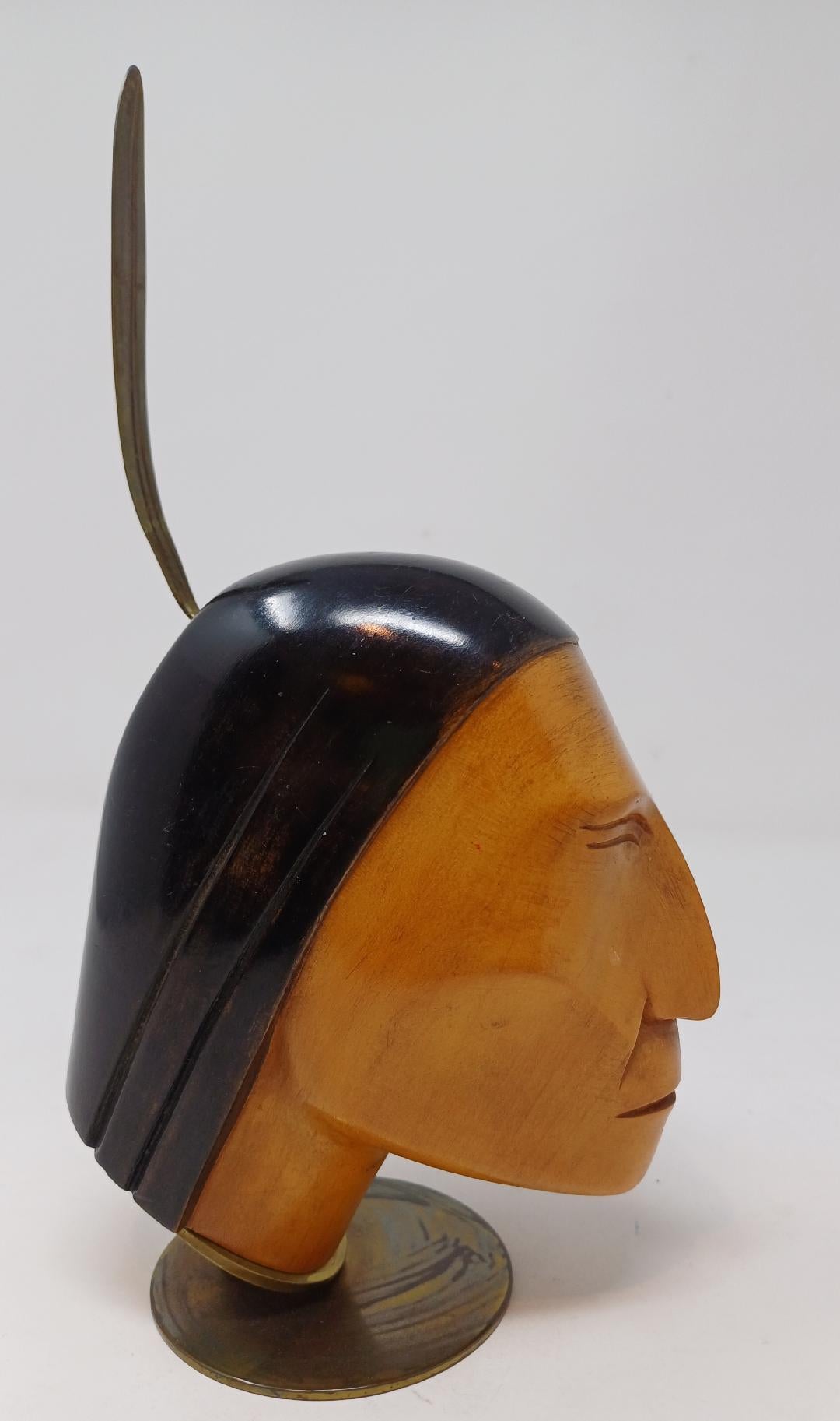 Art Deco Sculpted Wood Bust by Karl Hagenauer of an Native American, circa 1930s For Sale