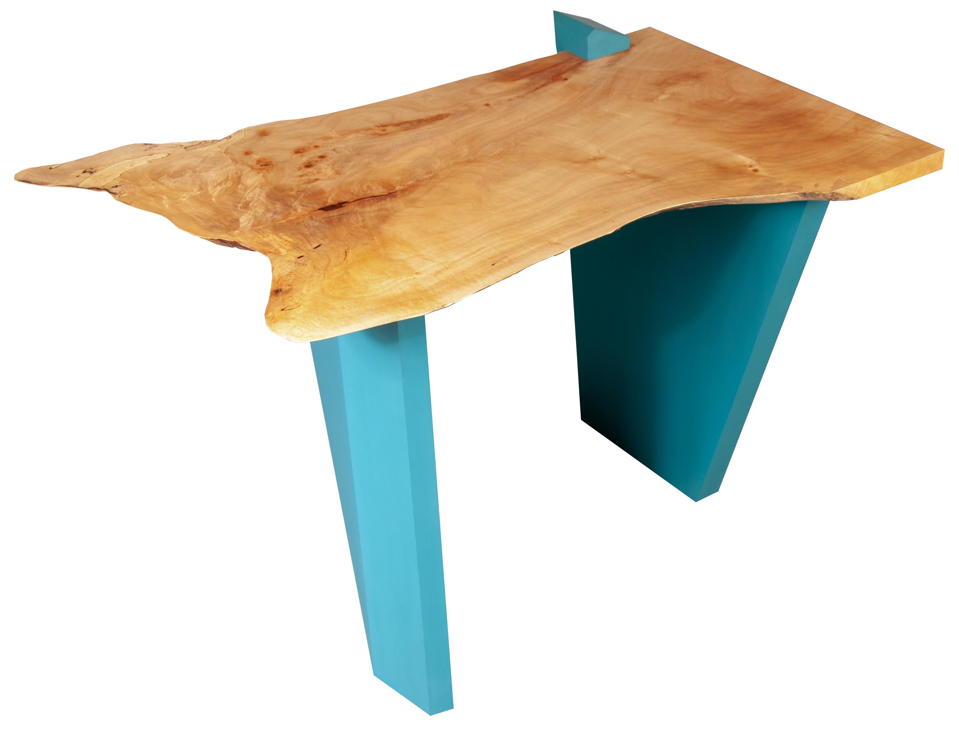 Expressionist Sculptural Caribbean Blue Base with Live Edge Figured Maple Top End/Side Table