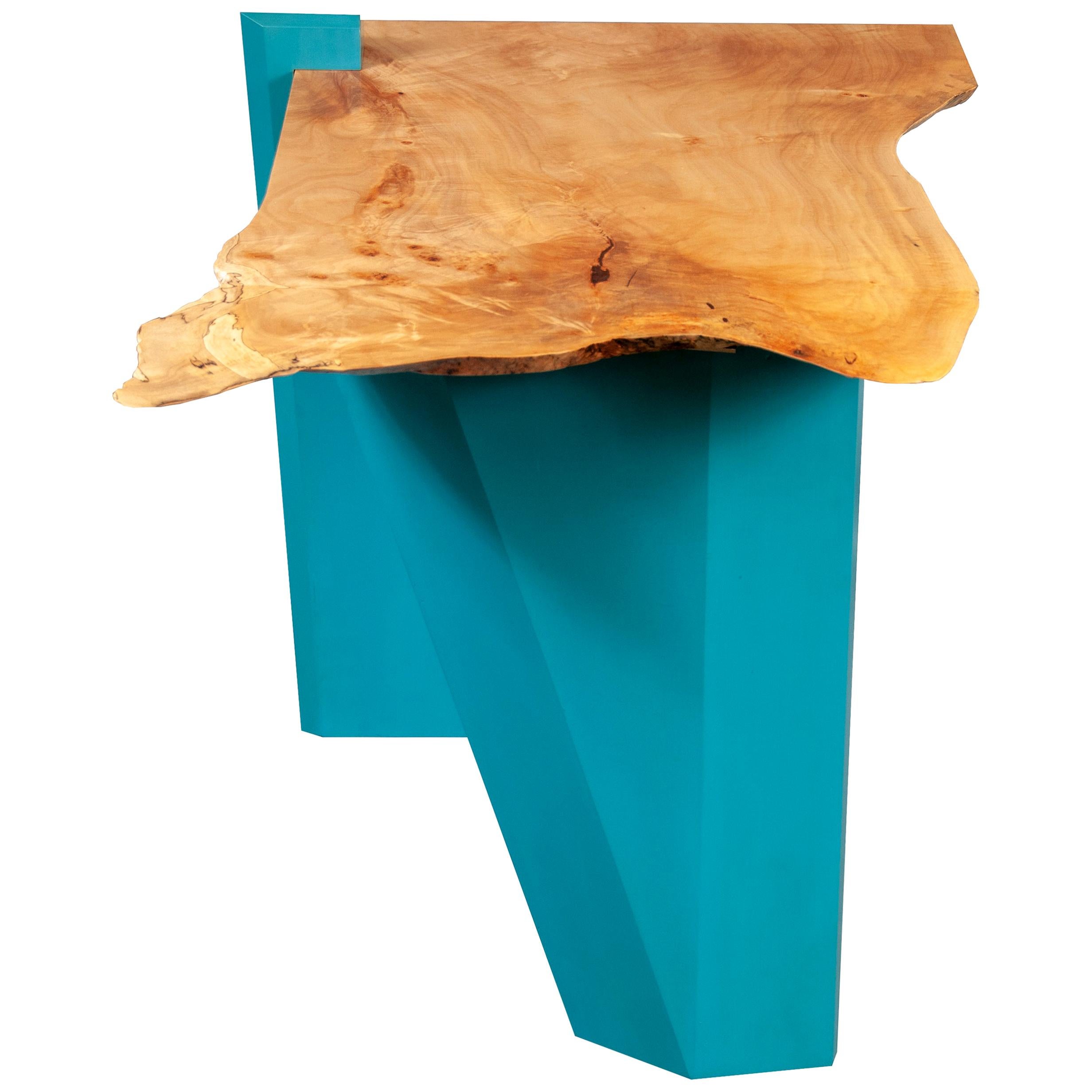 Sculptural Caribbean Blue Base with Live Edge Figured Maple Top End/Side Table