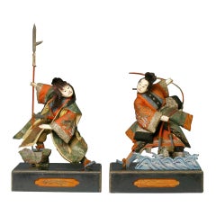 Antique Sculptural Pair of Kabuki Actors on Stage