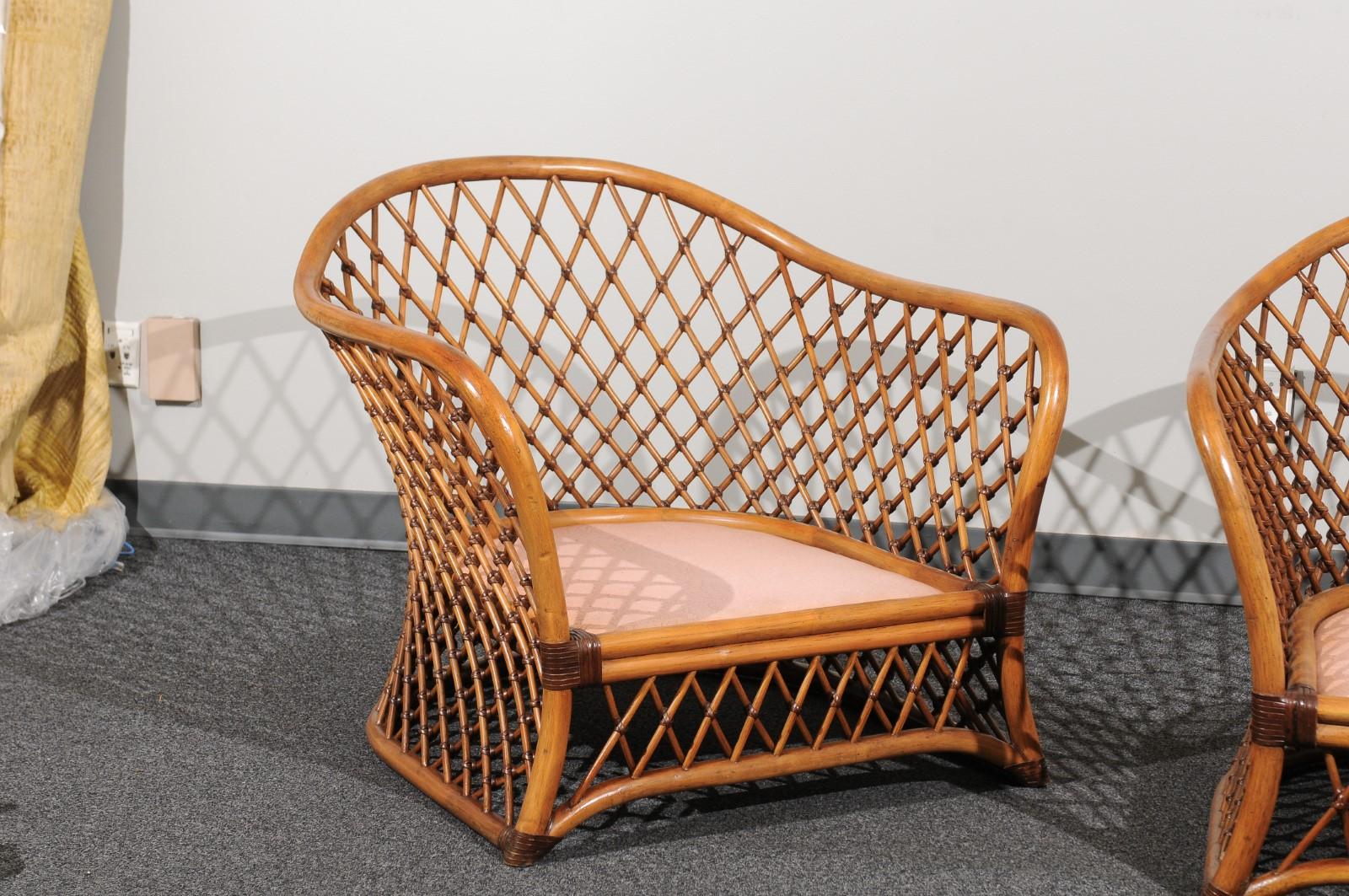 Mid-Century Modern Sculptural Restored Pair of Large-Scale Lattice Club Chairs, circa 1990
