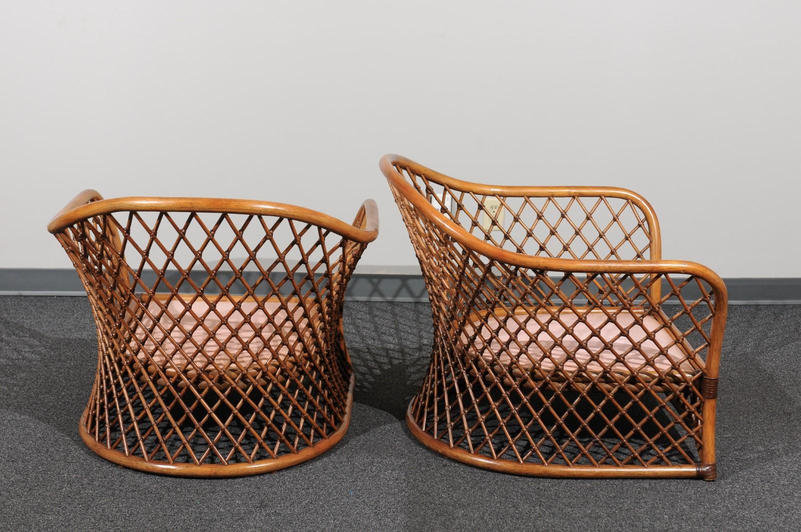 Leather Sculptural Restored Pair of Large-Scale Lattice Club Chairs, circa 1990