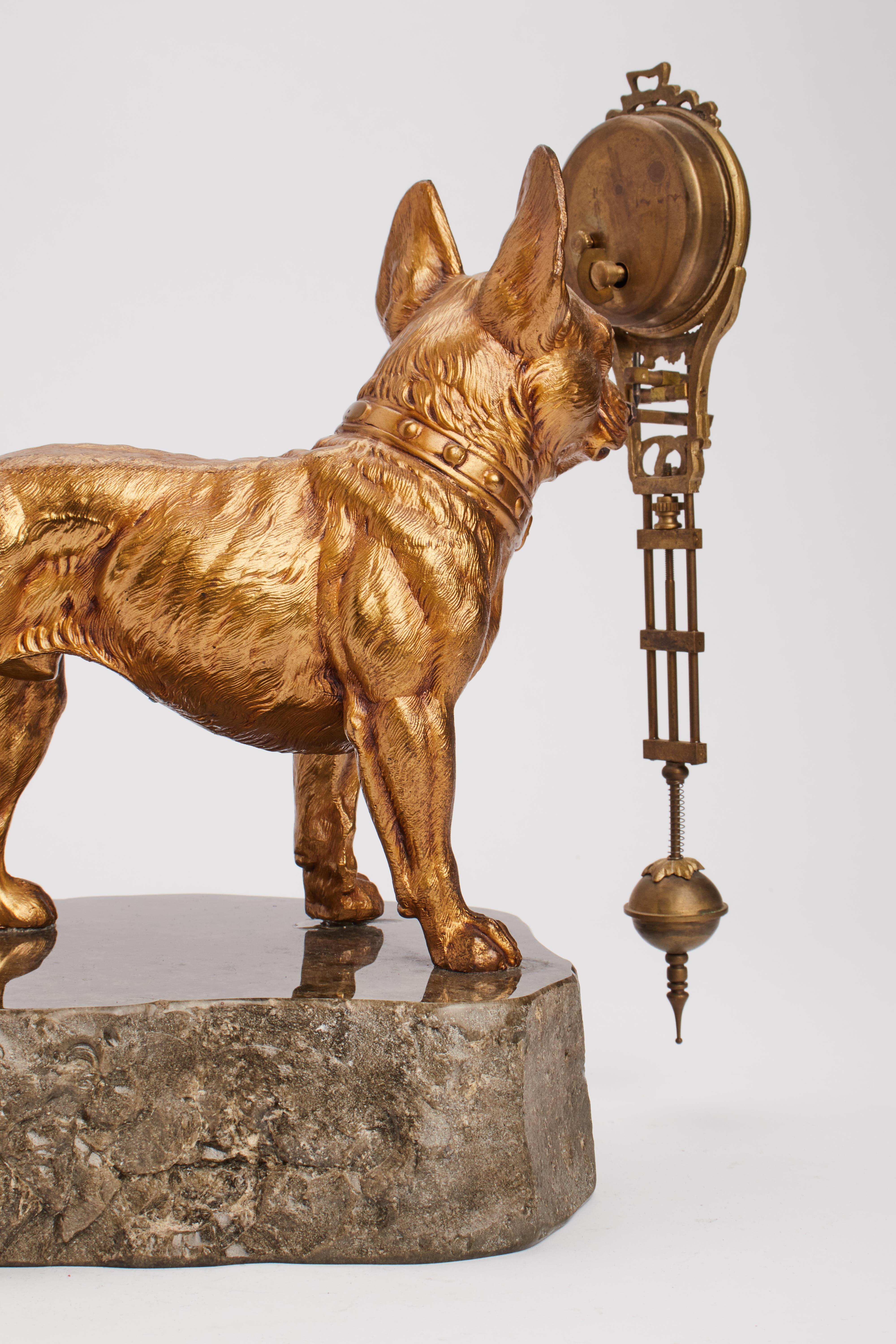 French A sculpture depicting a french bulldog holding a pendulum clock, France 1900. For Sale