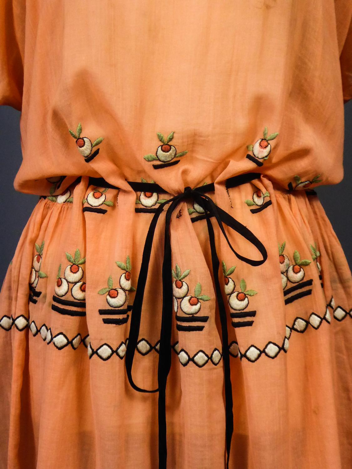 Orange A Seaside Embroidered Cotton Dress in the style of Atelier Martine Circa 1920 For Sale