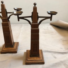 Secessionist Set of Two Oakwood and Brass Dutch Candelabra, circa 1900