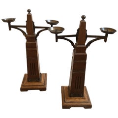 Secessionist Set of Two Oakwood and Brass Dutch Candelabra, circa 1900