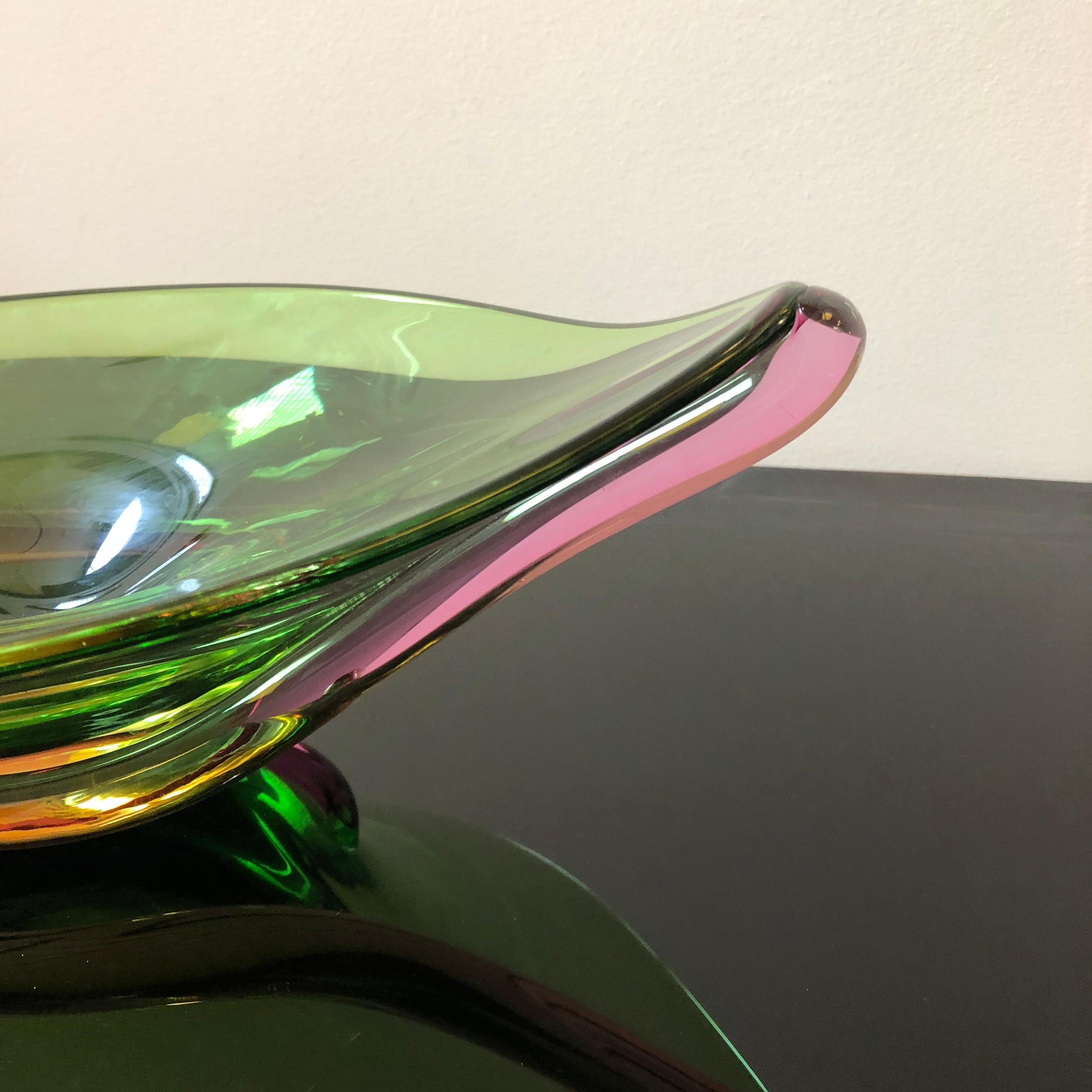 A handcrafted green purple and orange Murano glass centerpiece made in Italy in the 1970s.