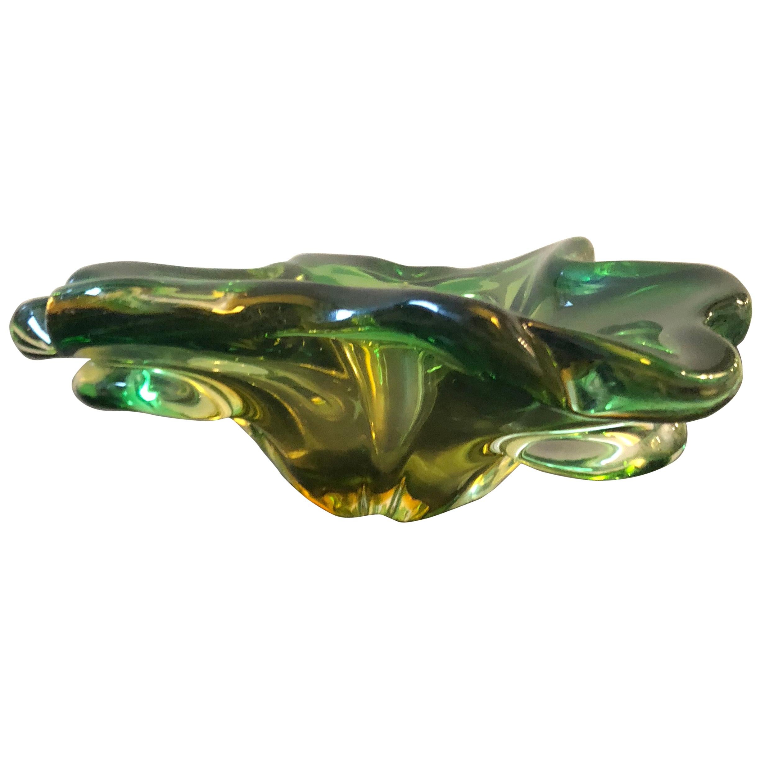 1970s Seguso Mid-Century Modern Sommerso Green and Yellow Murano Glass Bowl