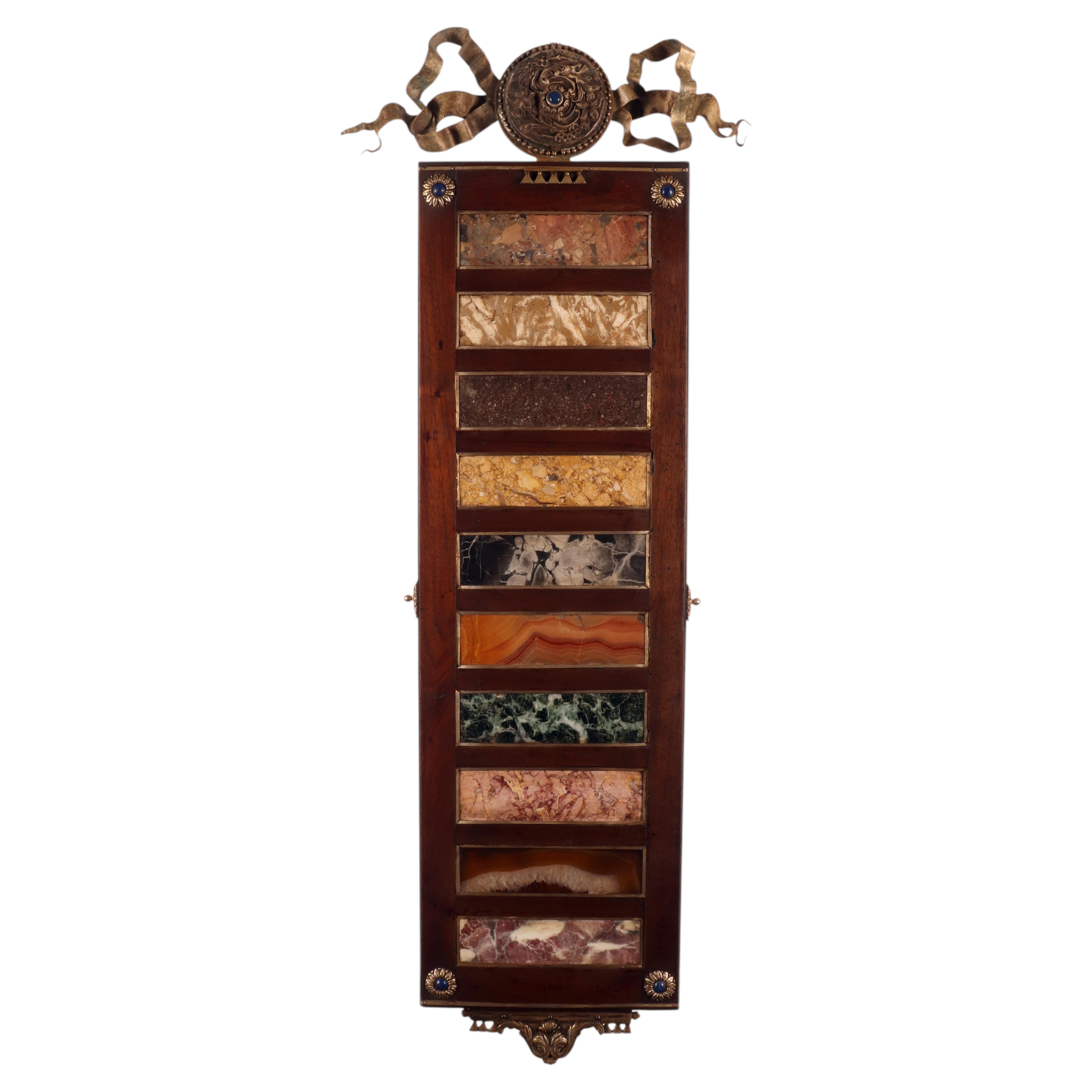 Selection of 10 antique Grand Tour marquetry marbles, bronze, wood, Italy 1800.