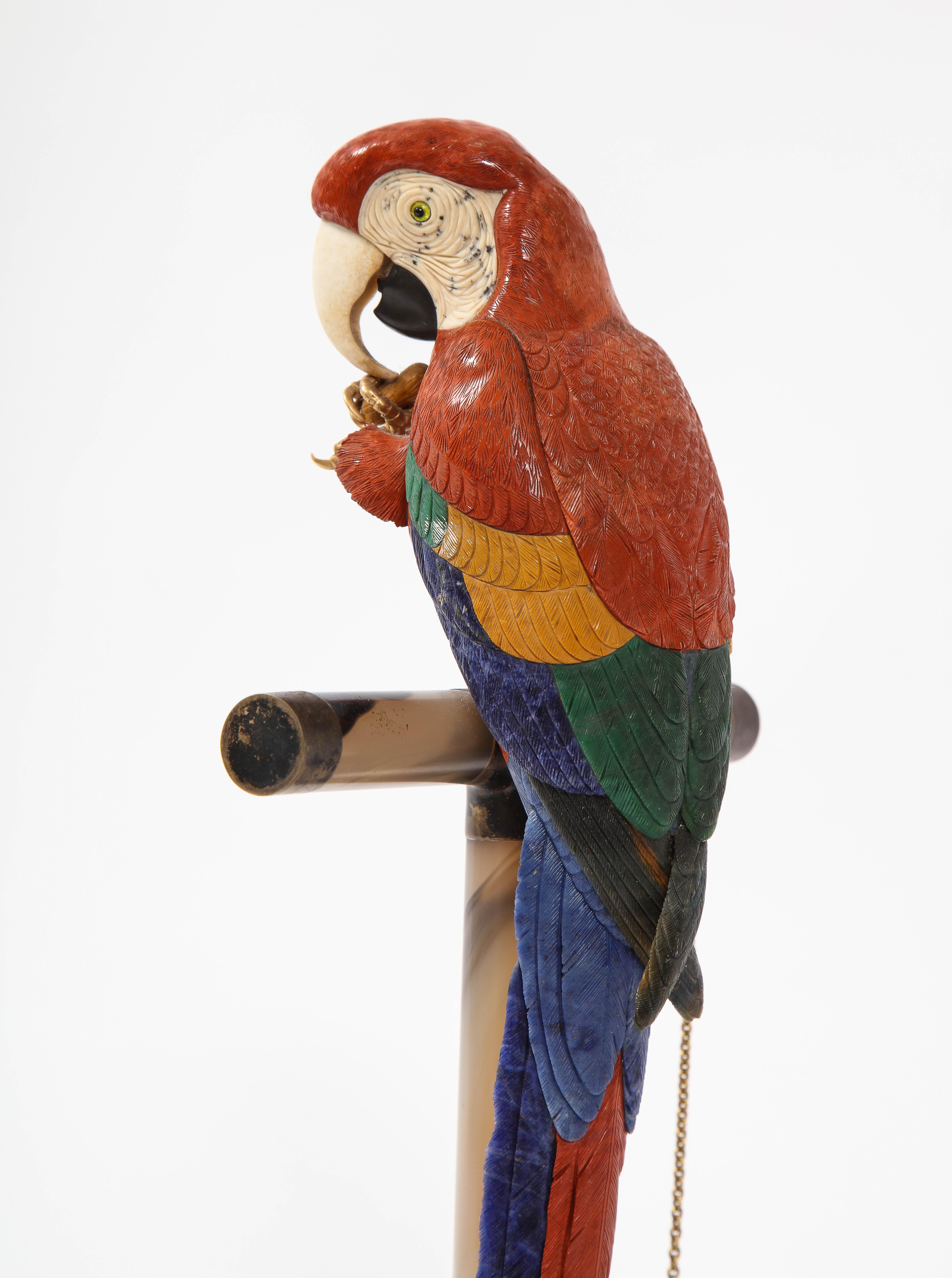 Siena Marble Semi Precious Stone & Metal Model of a Scarlet Macaw Parrot, P. Müller, Swiss