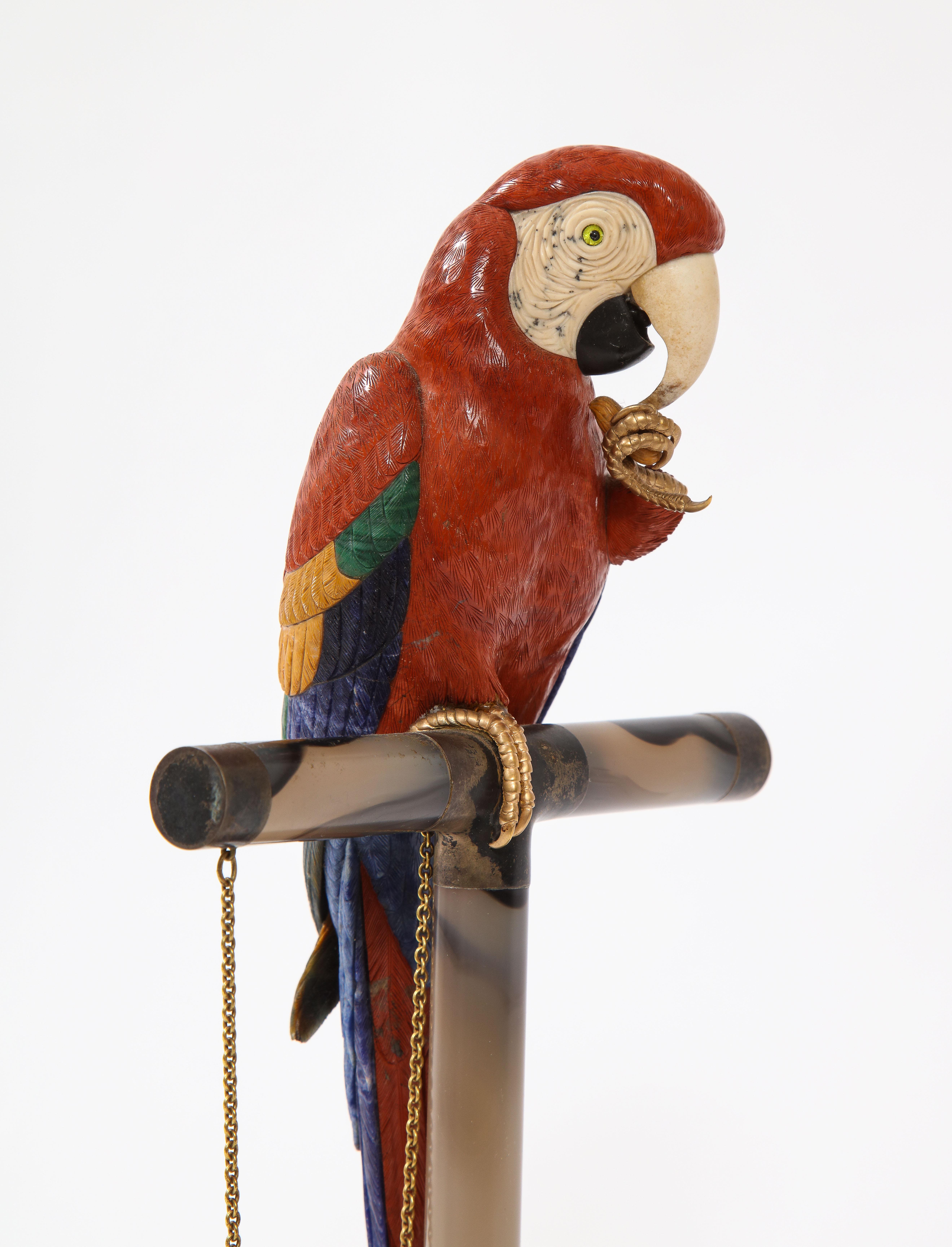 Semi Precious Stone & Metal Model of a Scarlet Macaw Parrot, P. Müller, Swiss 1