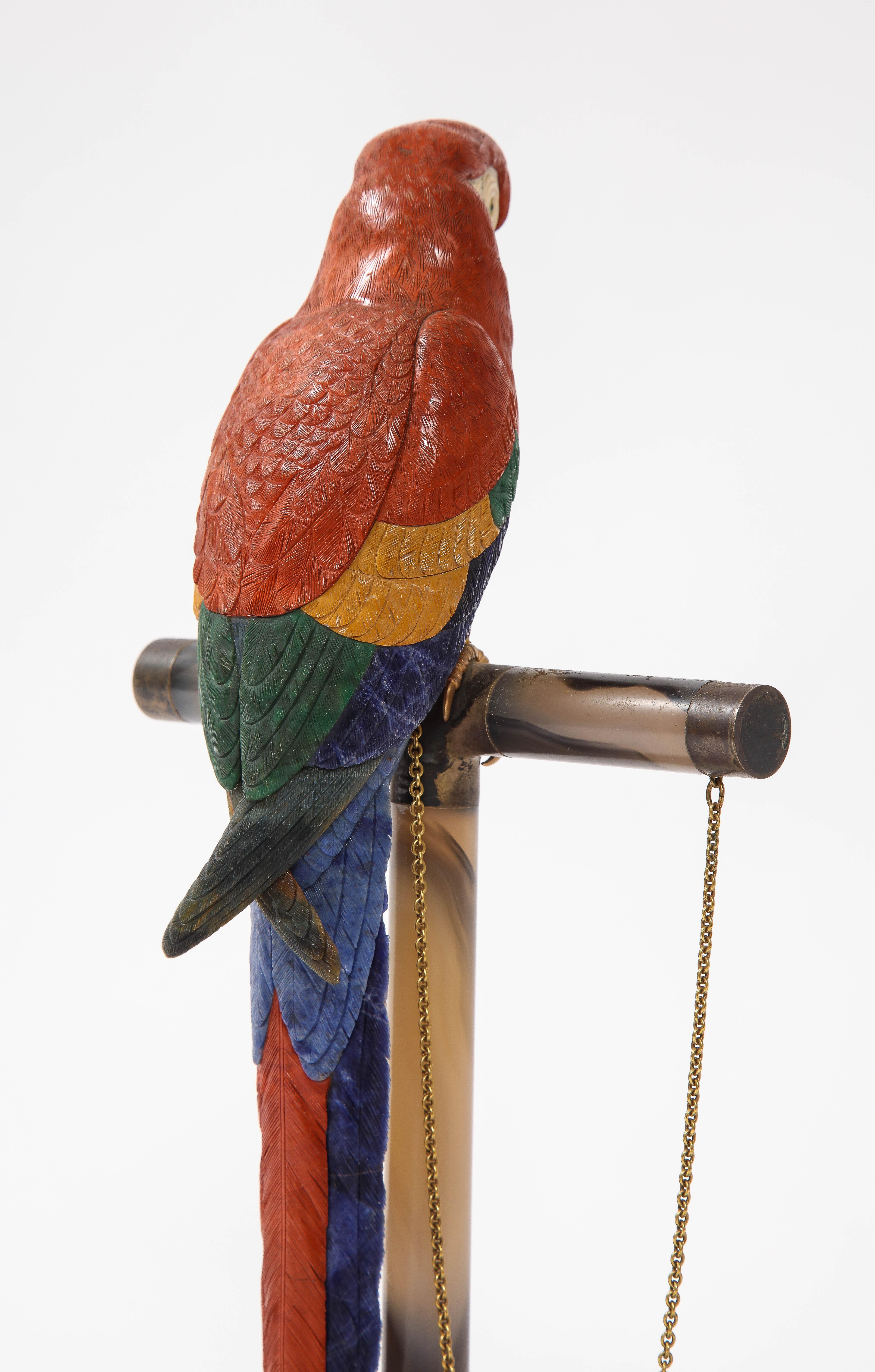 Semi Precious Stone & Metal Model of a Scarlet Macaw Parrot, P. Müller, Swiss 2