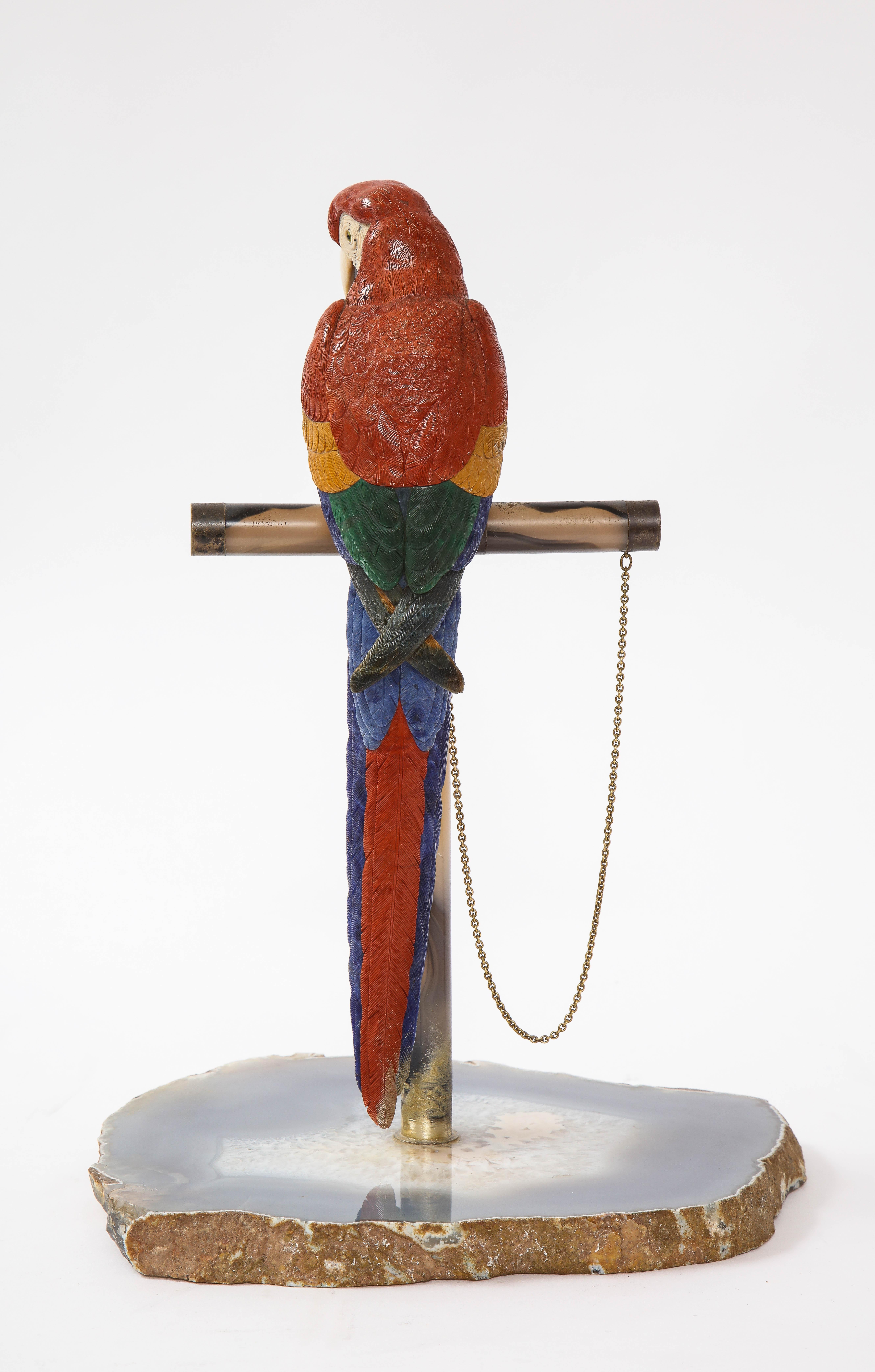 Modern Semi Precious Stone & Metal Model of a Scarlet Macaw Parrot, P. Müller, Swiss