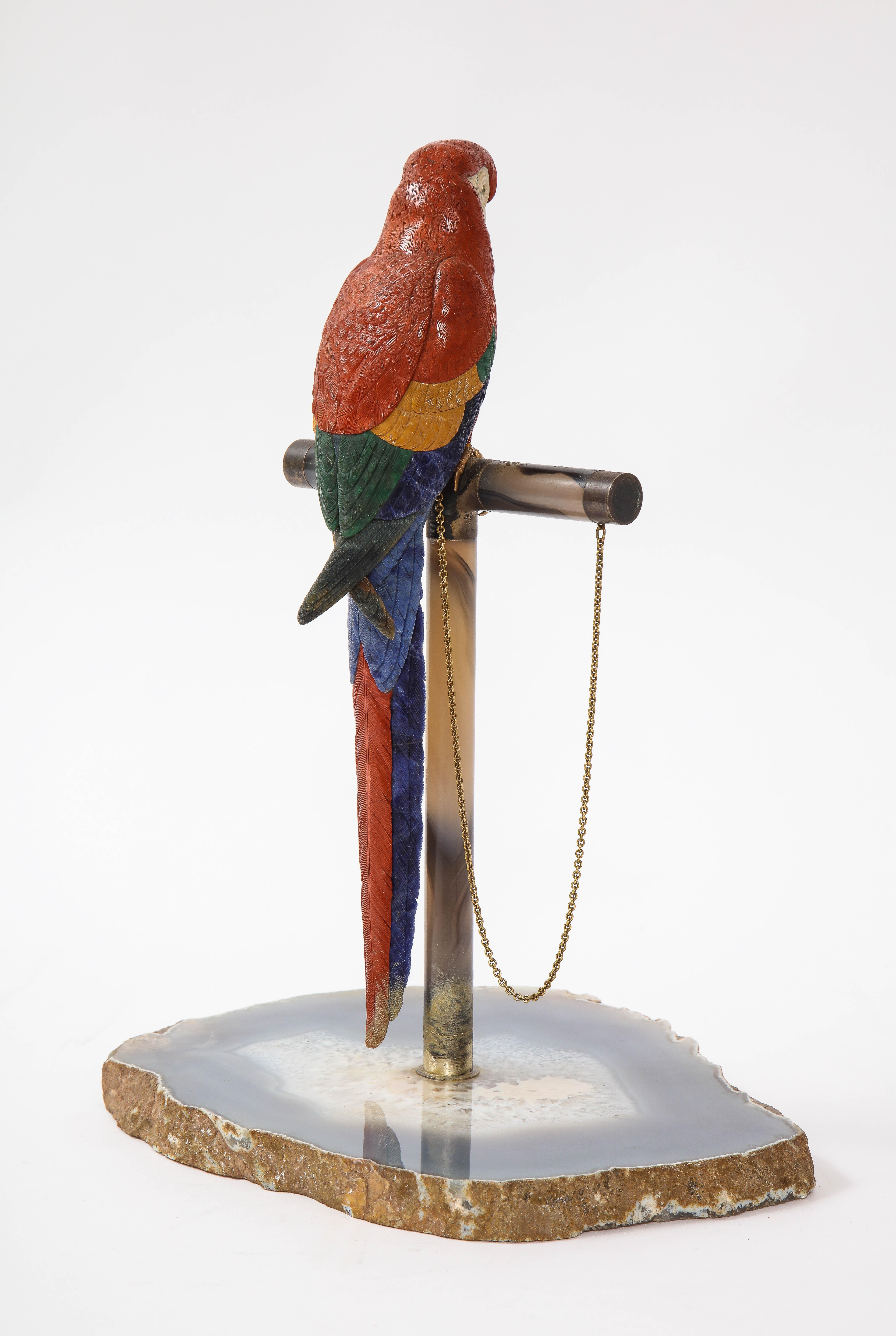 Cast Semi Precious Stone & Metal Model of a Scarlet Macaw Parrot, P. Müller, Swiss
