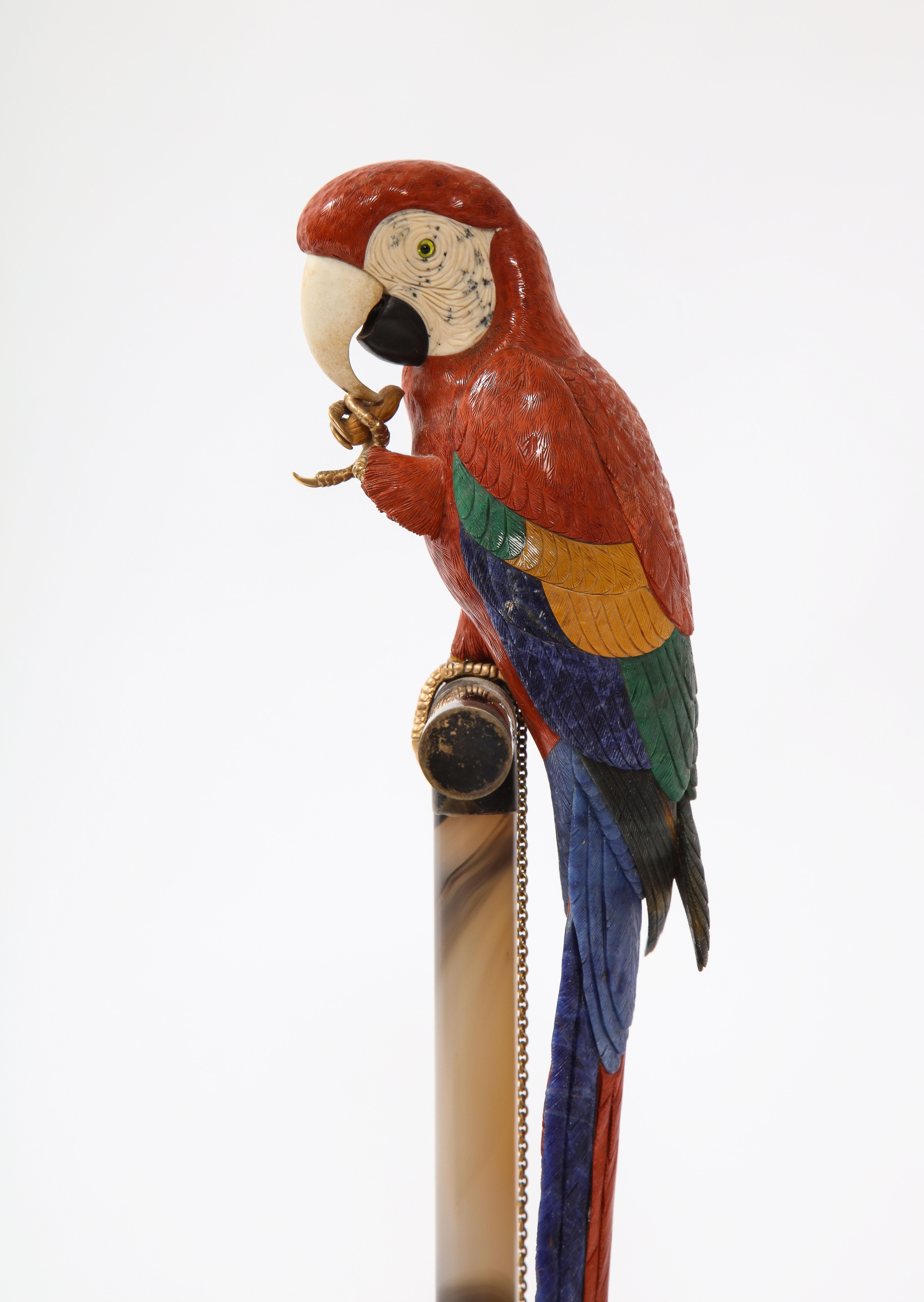 20th Century Semi Precious Stone & Metal Model of a Scarlet Macaw Parrot, P. Müller, Swiss
