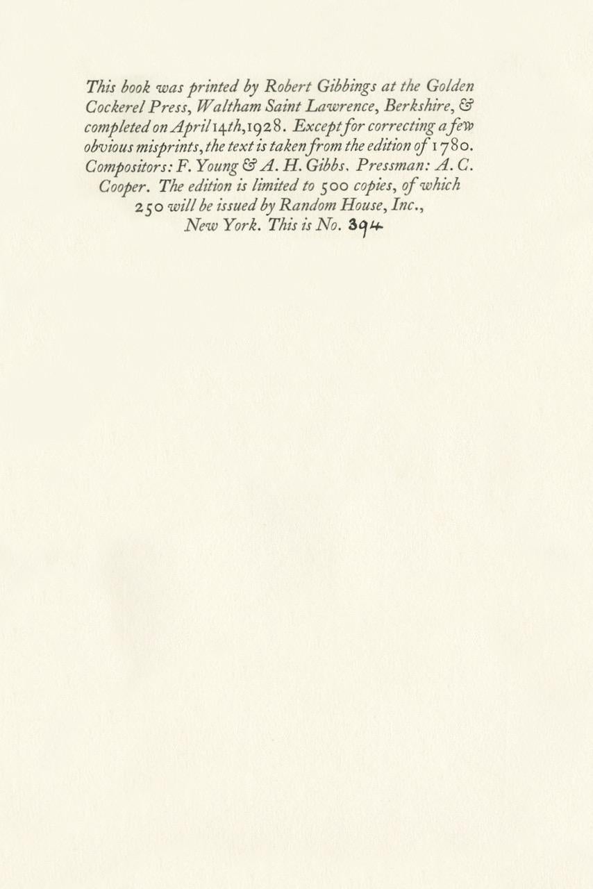 Waltham Saint Lawrence : Golden Cockerel Press, 1928.
Édition limitée, numérotée
8vo, 9 x 5 3/4 pouces (230 x 145 mm) ; iv + 152 + ii pages, imprimées sur du papier anglais fait à la main en 14 pt. Type Caslon O.F. par Robert Gibbins. Exemplaire 394