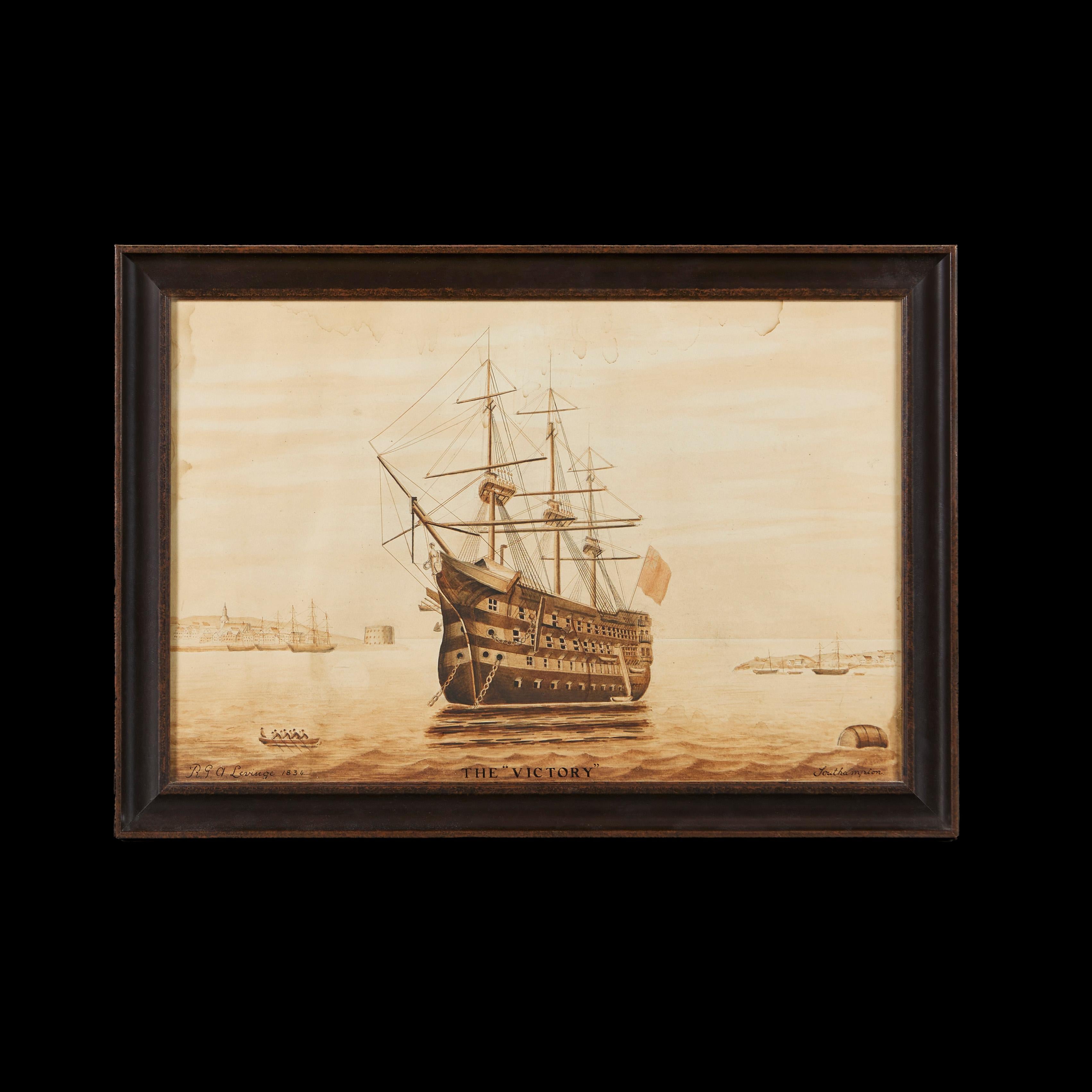 England, circa 1834

A sepia toned watercolour painting of Lord Nelson’s flagship the ‘Victory’, signed R.G.A. Levinge 1834, Southampton. 

Height   51.00cm

Width    72.00cm