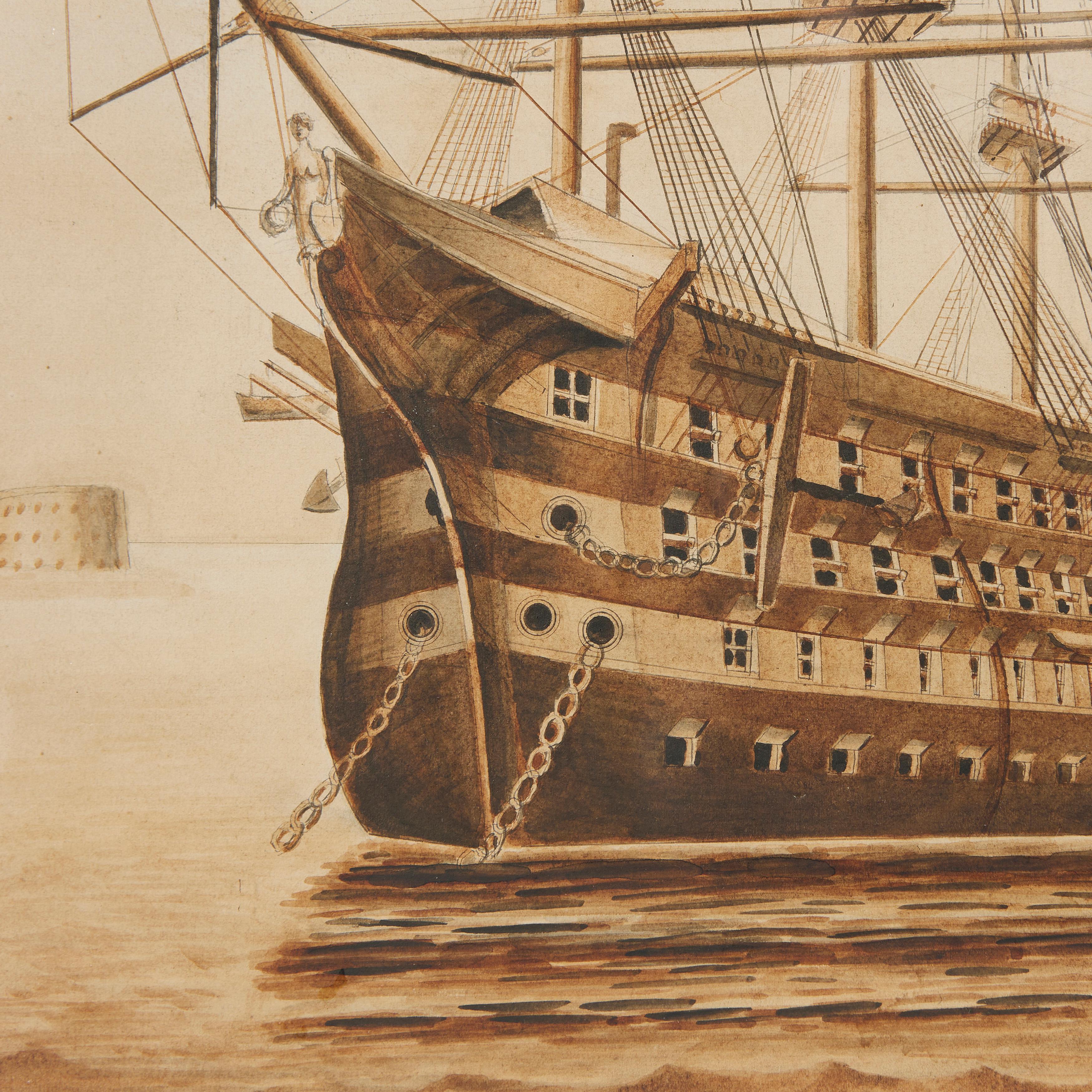 A Sepia Watercolour Painting of Lord Nelson's 'Victory' In Good Condition For Sale In London, GB
