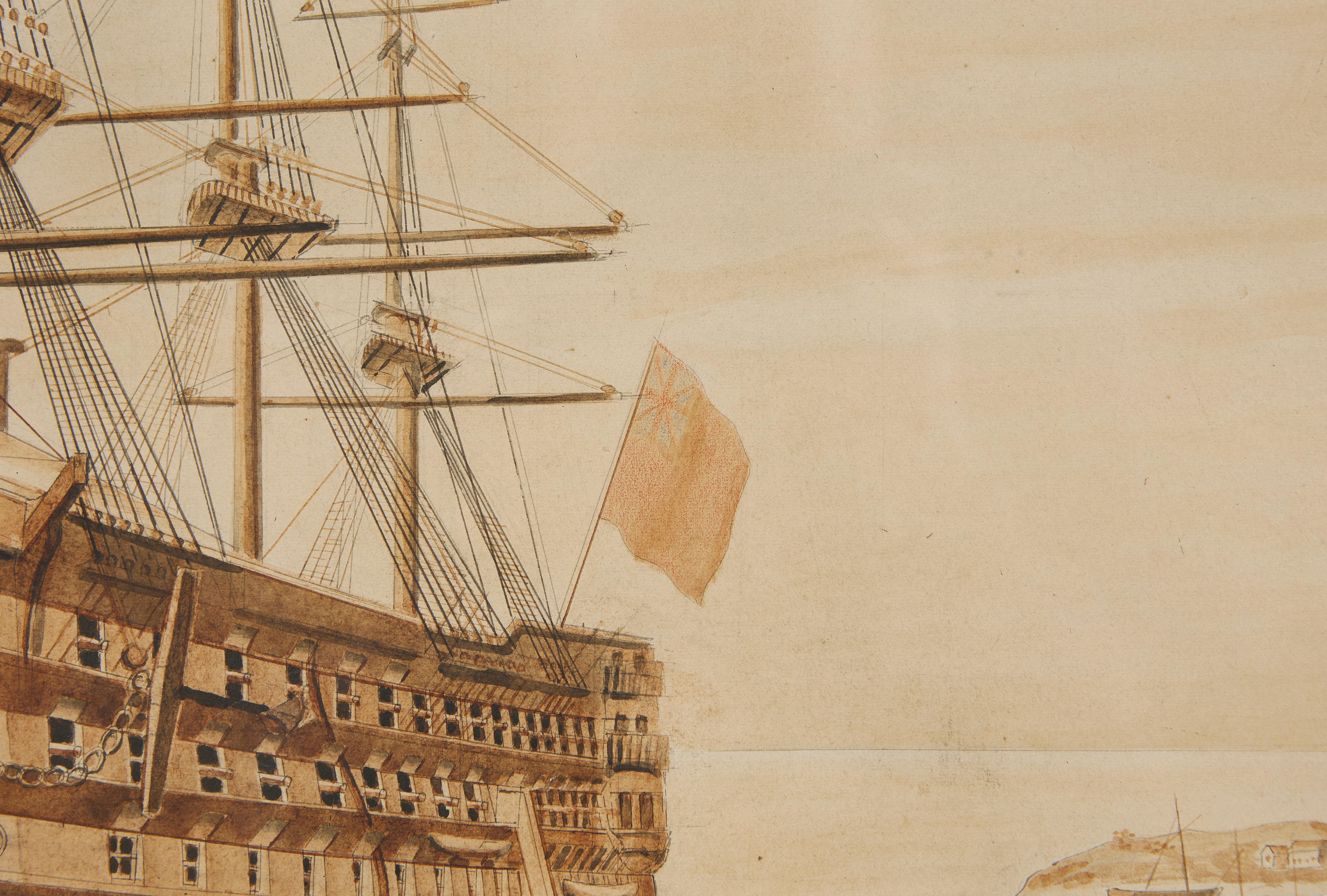 19th Century A Sepia Watercolour Painting of Lord Nelson's 'Victory' For Sale