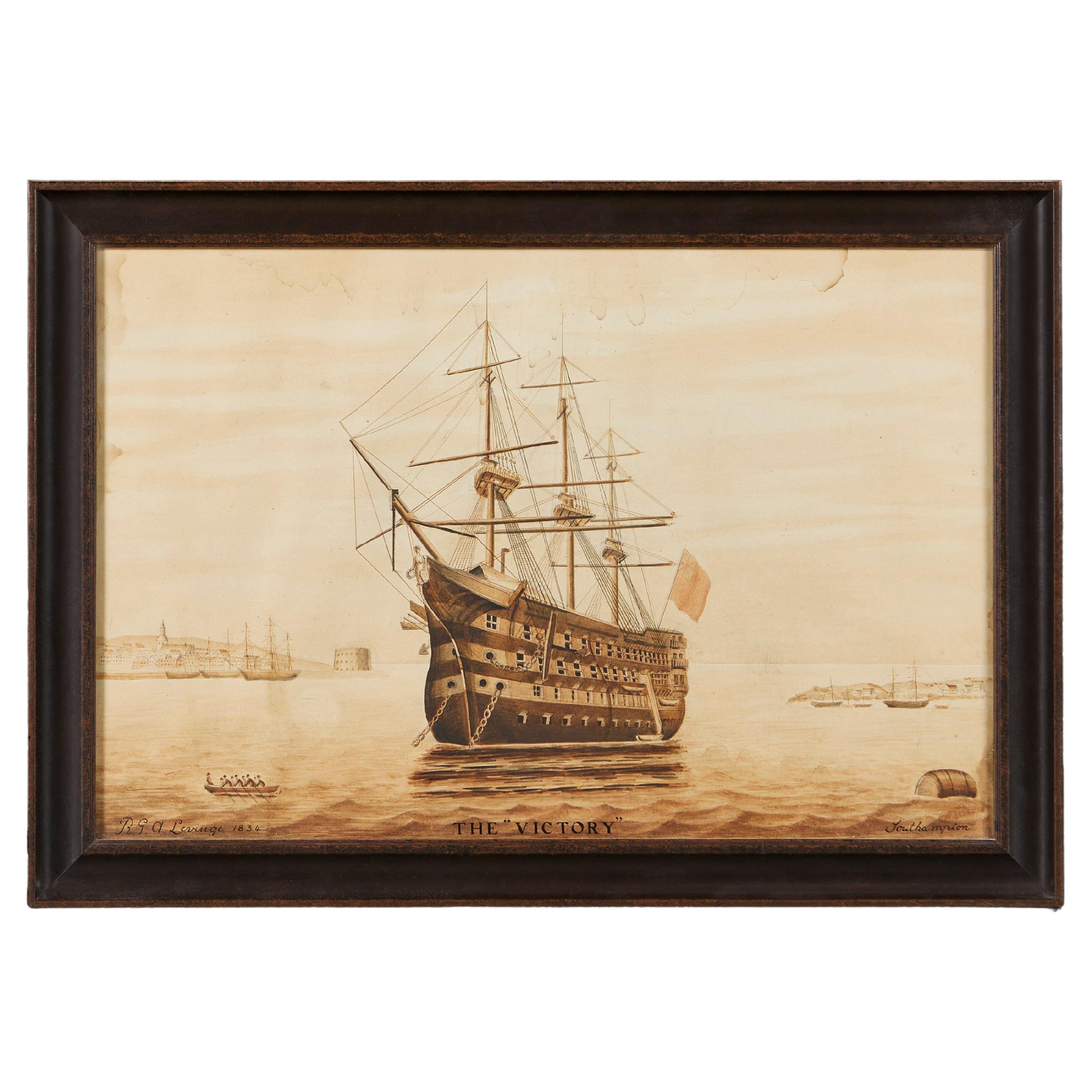 A Sepia Watercolour Painting of Lord Nelson's 'Victory' For Sale