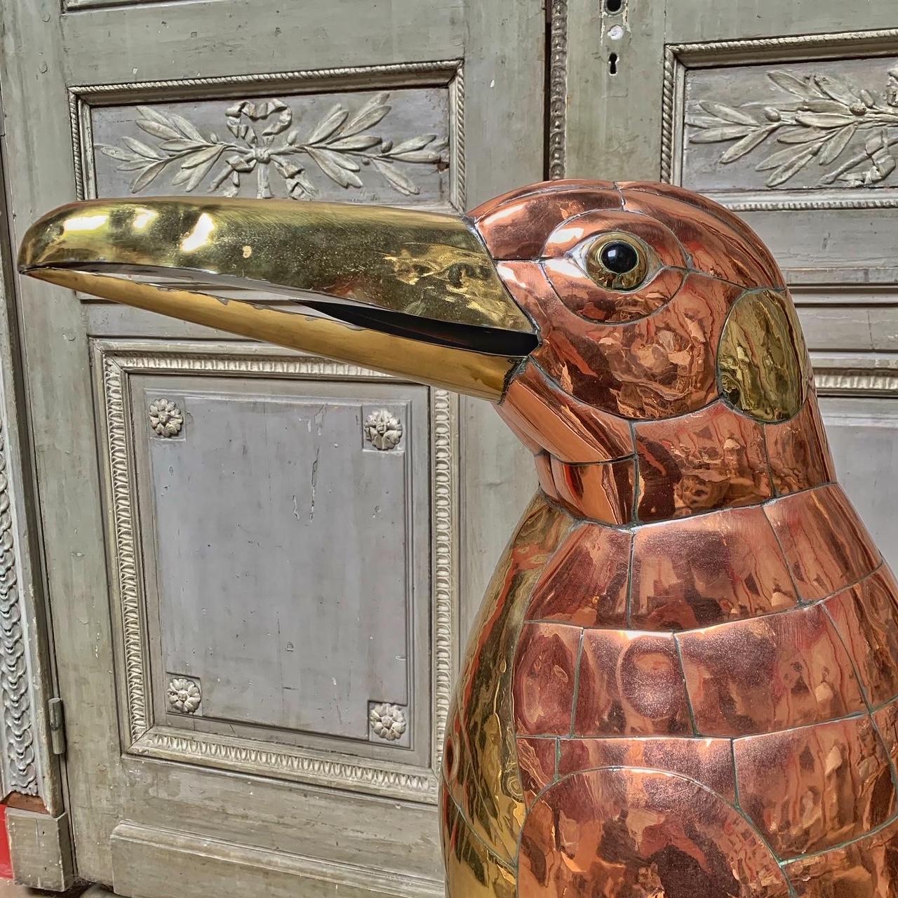 Mexican Sergio Bustamante Large Sculpture of a Penguin in Brass and Copper For Sale