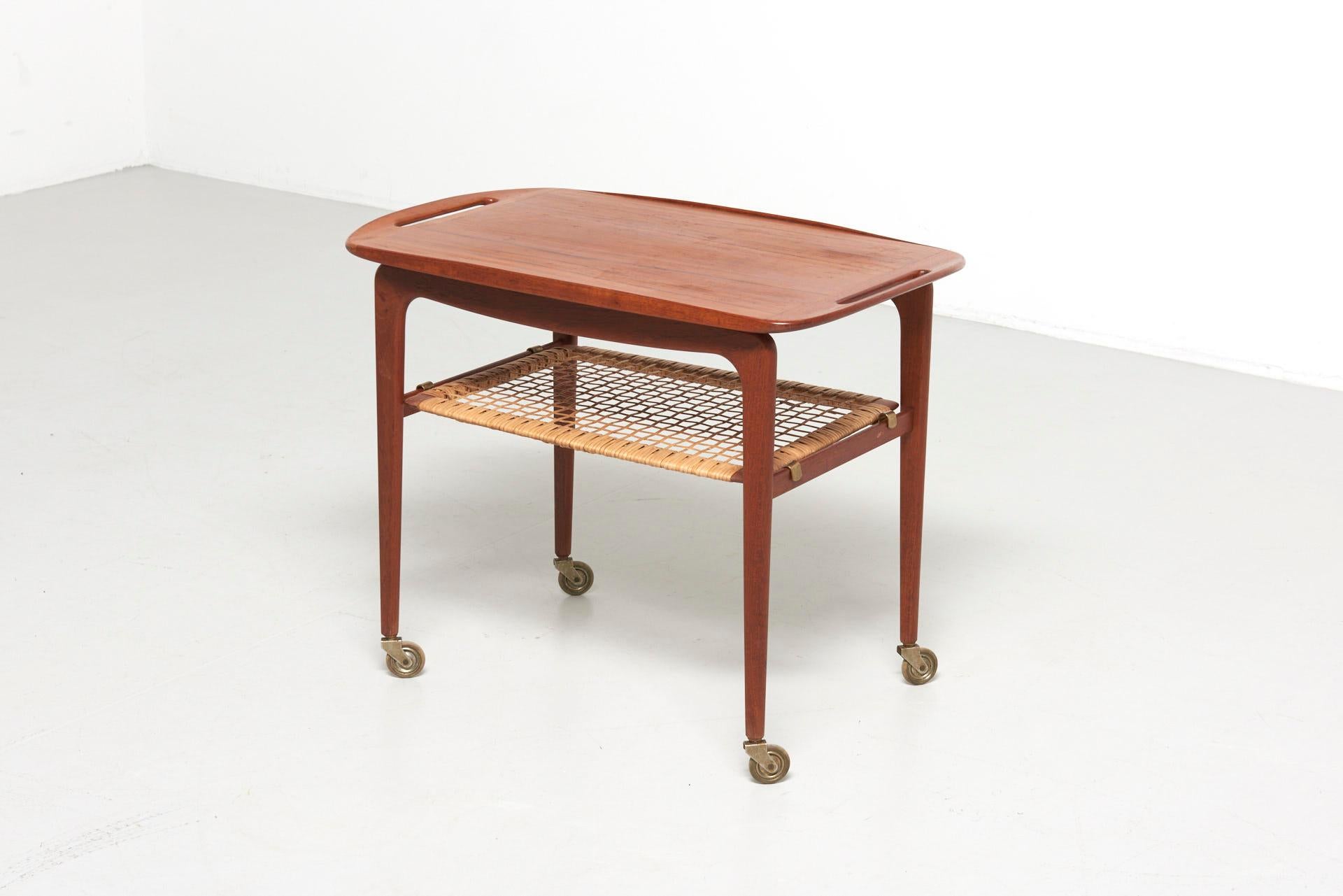 Scandinavian Modern Service Trolley in Teak with a Rattan Shelf by Johannes Andersen