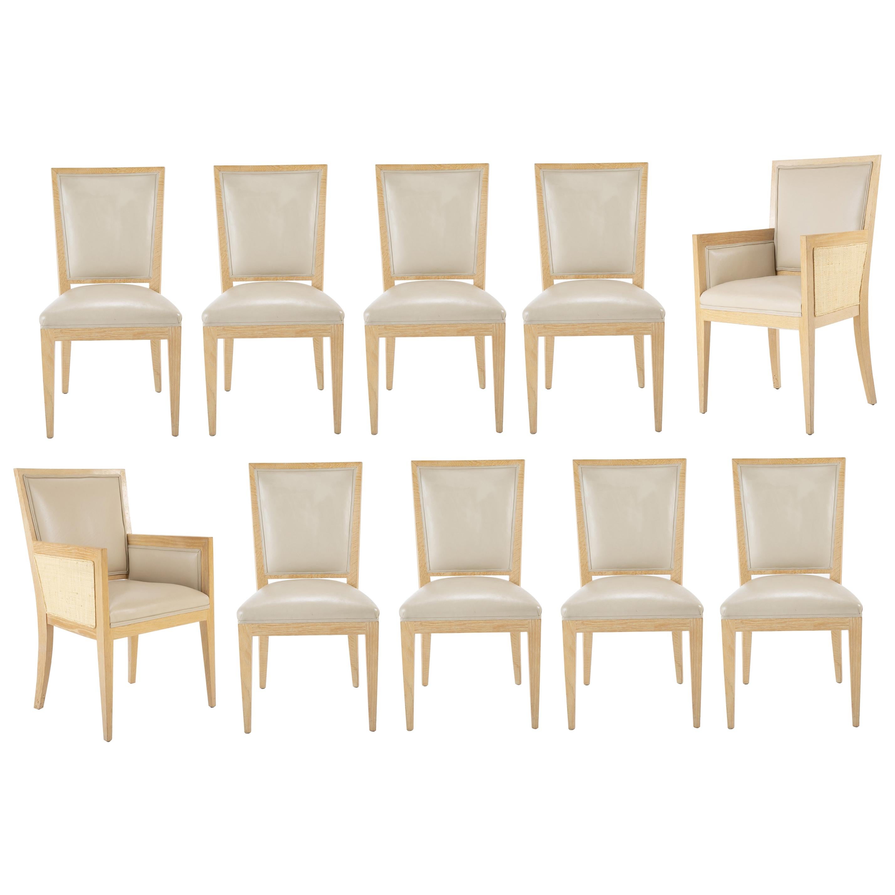 Set 10 of Contemporary Leather Clad Cerused Oak Dining Chairs