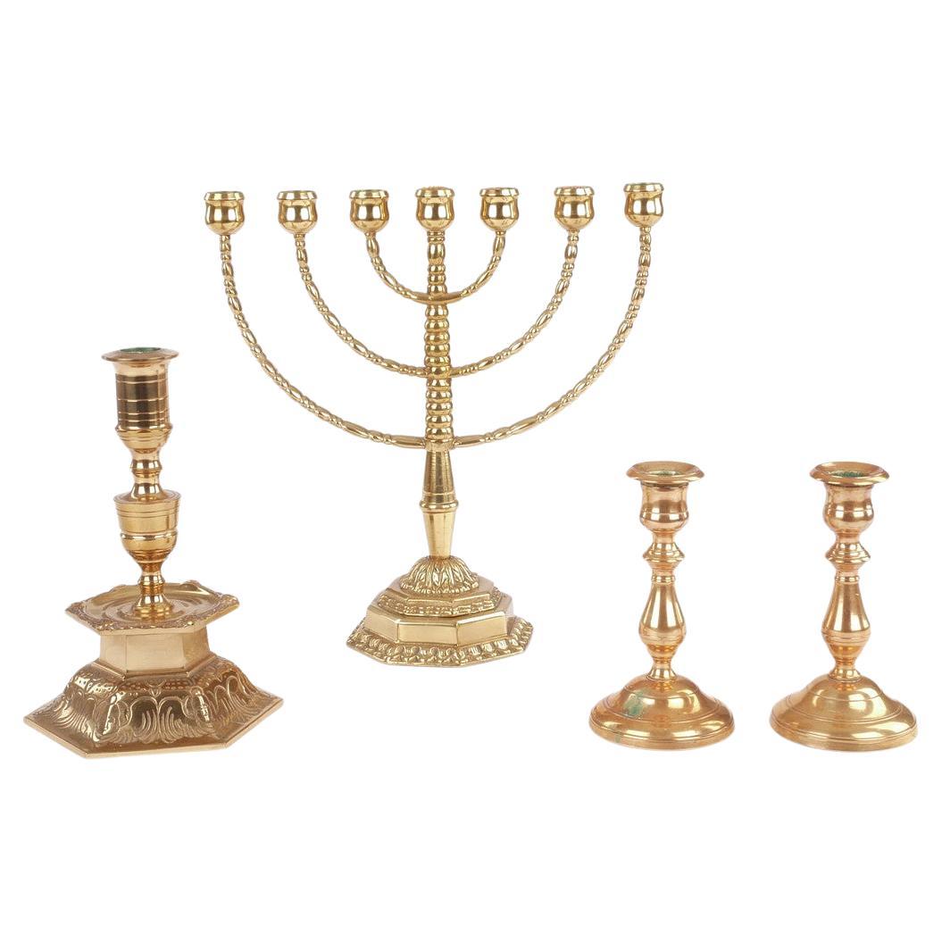 A Set Antique Candelabras Brutalist Menorah Jewish Judaica Golden Candle Holder For Sale