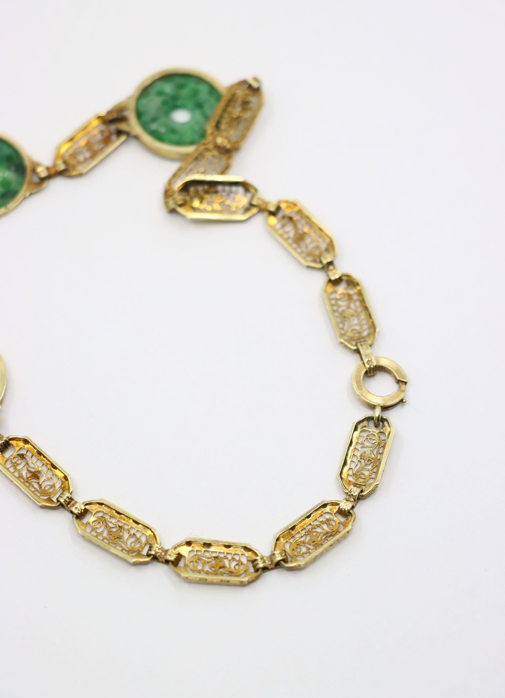 Ein Satz im chinesischen Stil 14K Gold Jade eingraviert  Halskette und Armband im Angebot 5