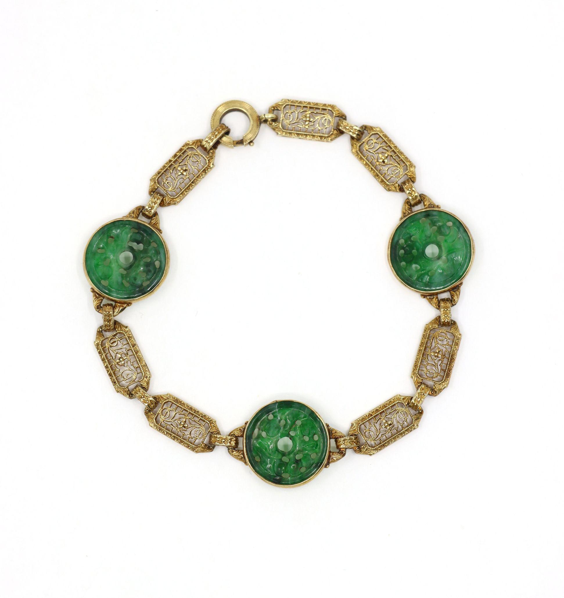 Ein Satz im chinesischen Stil 14K Gold Jade eingraviert  Halskette und Armband im Angebot 6