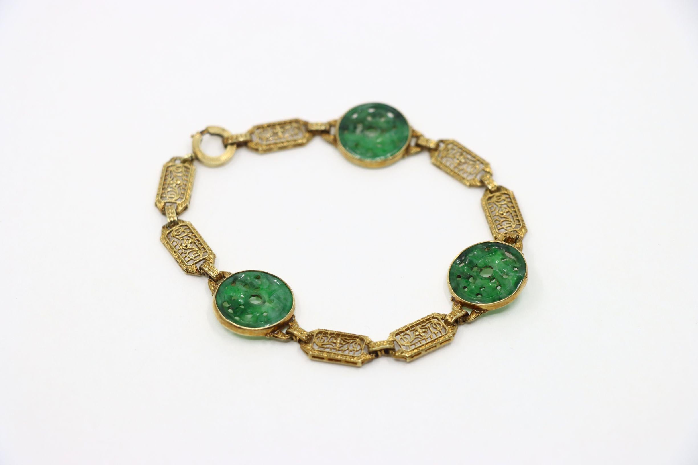 Ein Satz im chinesischen Stil 14K Gold Jade eingraviert  Halskette und Armband im Angebot 7