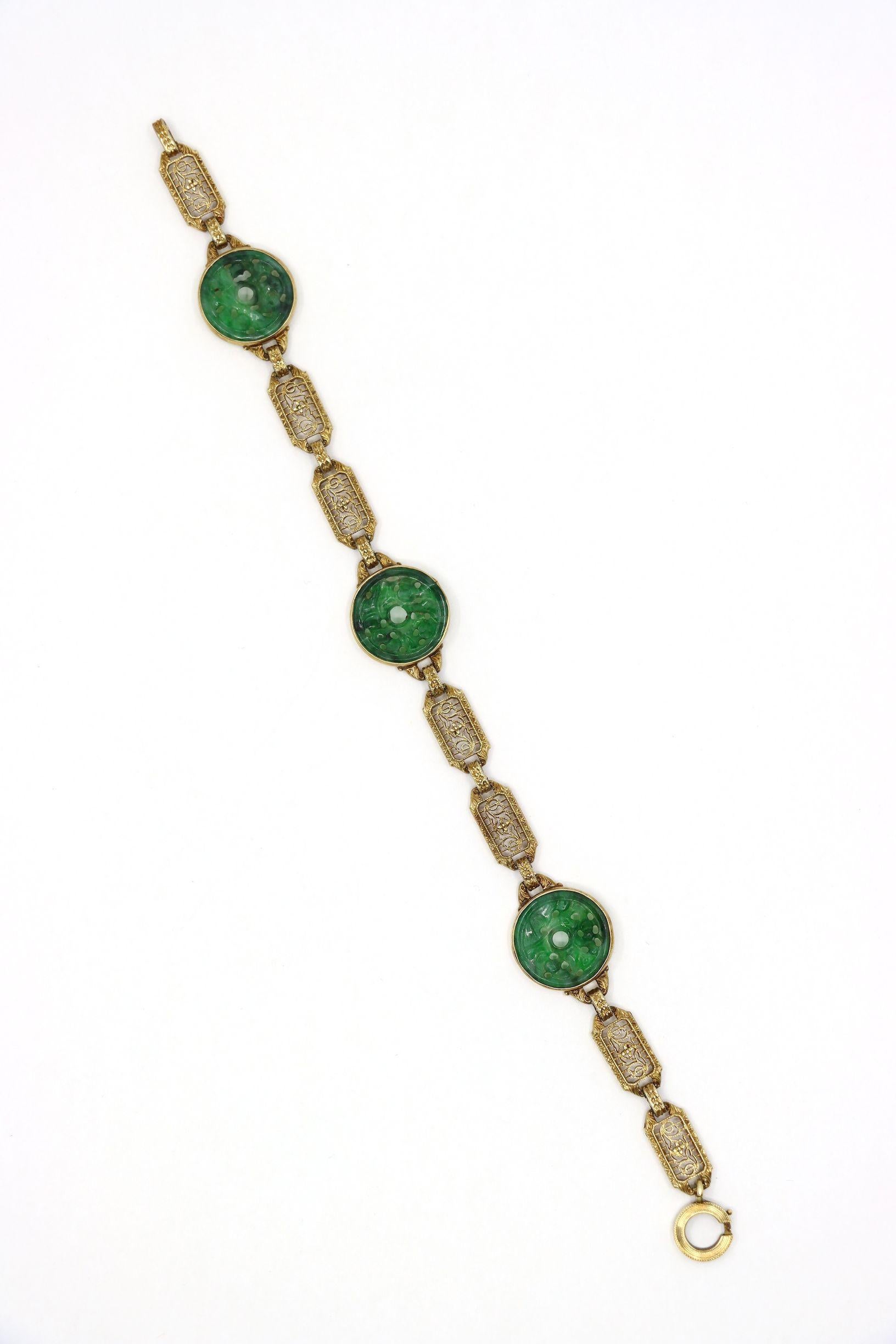 Ein Satz im chinesischen Stil 14K Gold Jade eingraviert  Halskette und Armband im Angebot 8