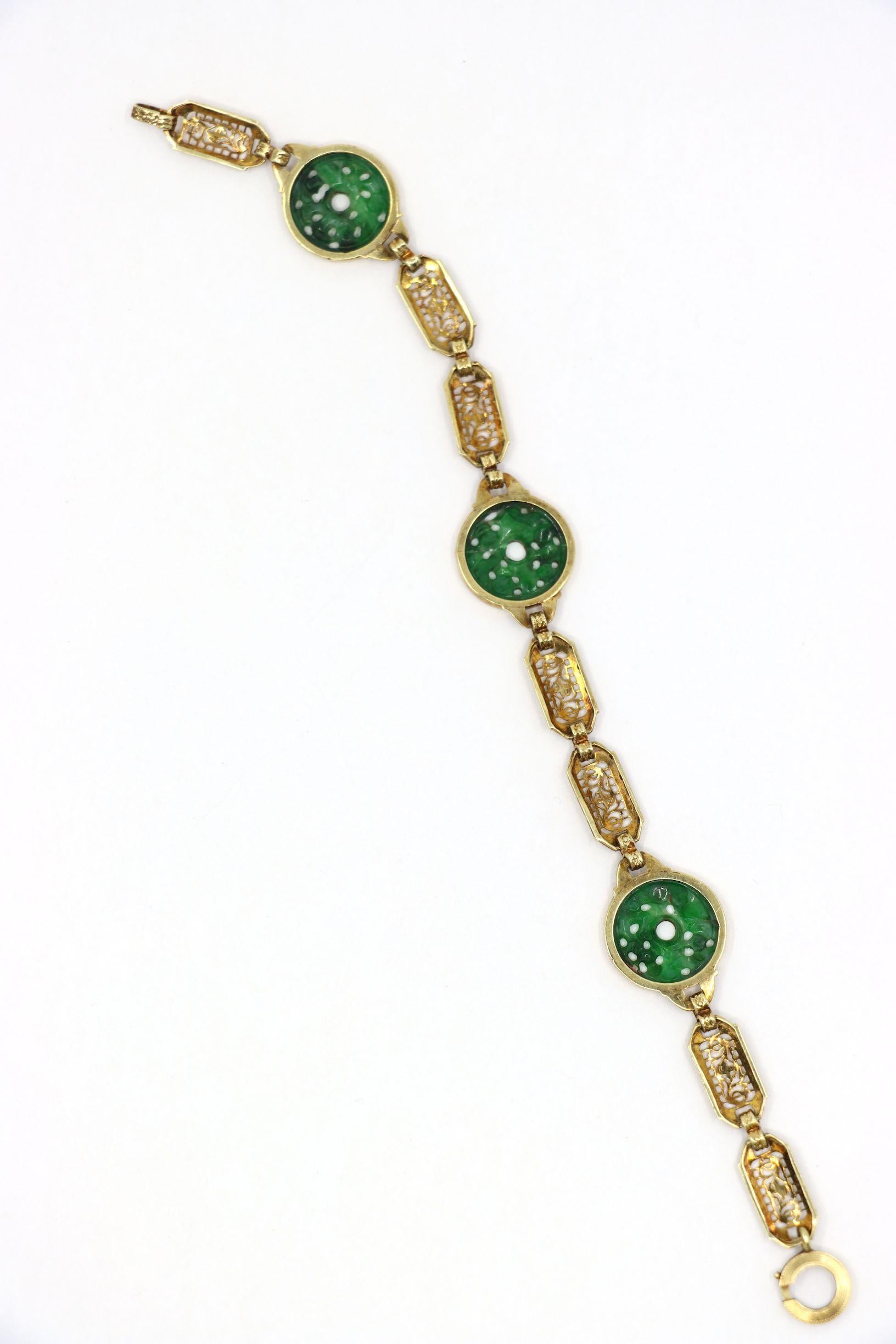 Ein Satz im chinesischen Stil 14K Gold Jade eingraviert  Halskette und Armband im Angebot 10