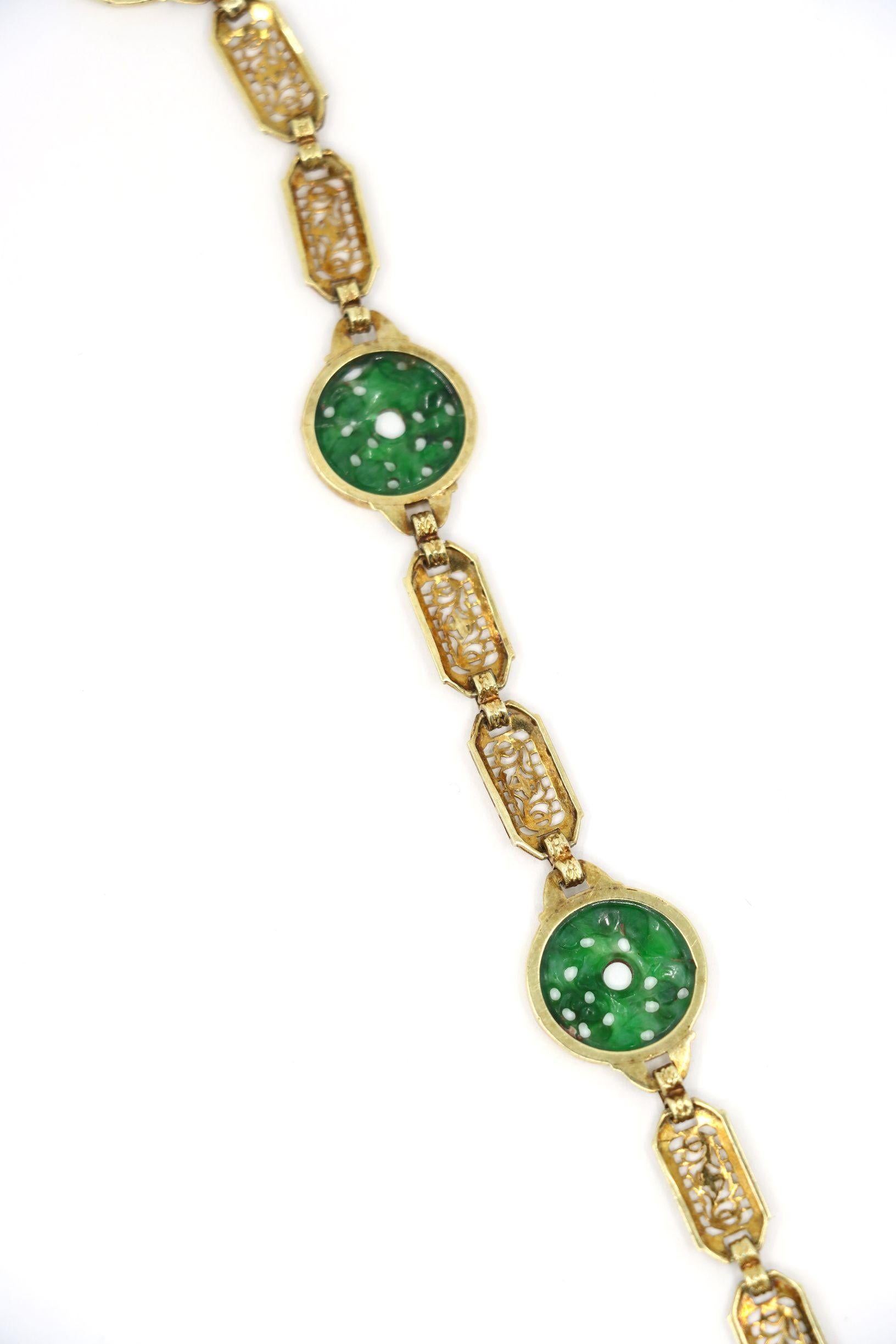 Ein Satz im chinesischen Stil 14K Gold Jade eingraviert  Halskette und Armband im Angebot 11