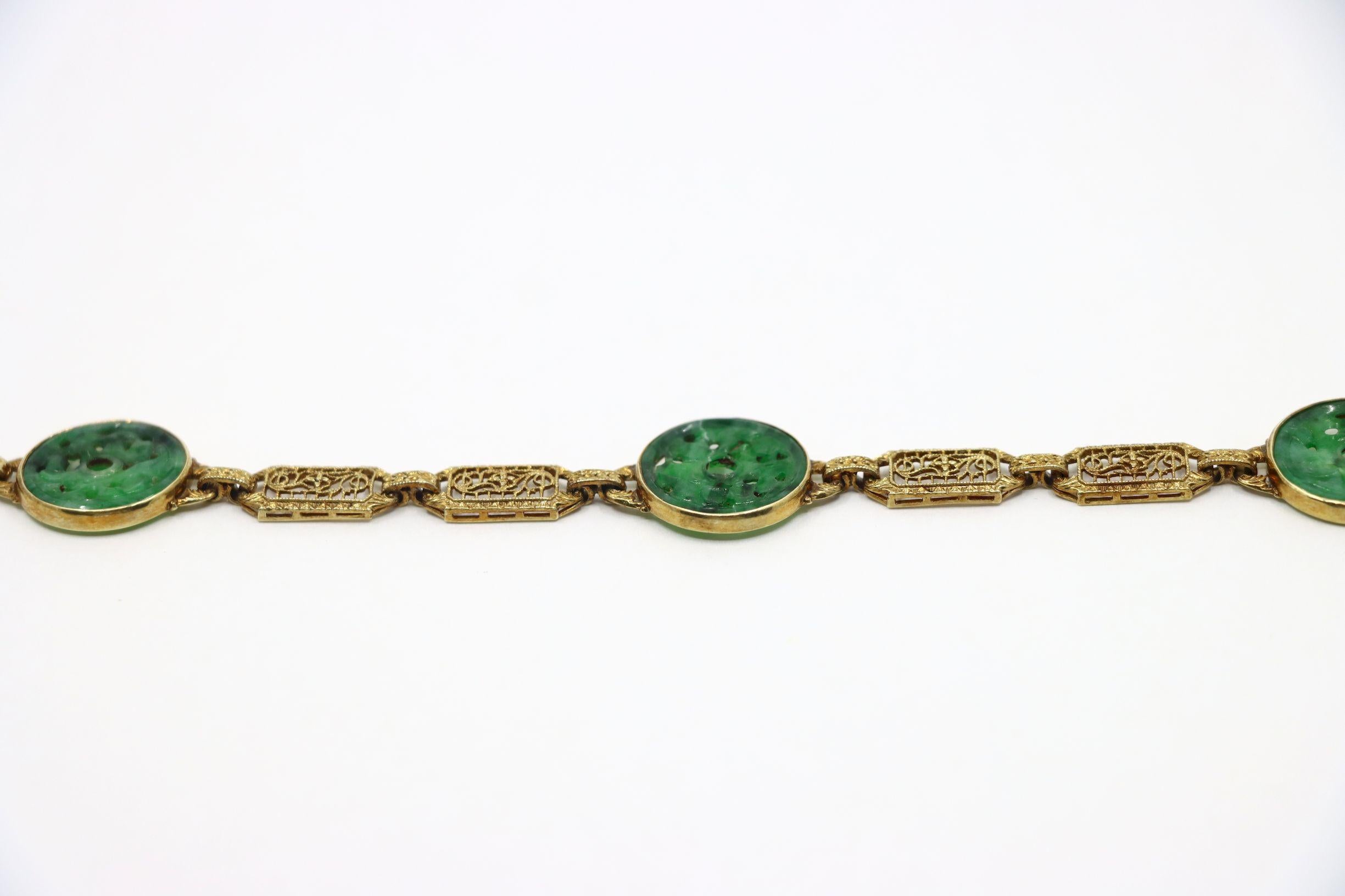 Ein Satz im chinesischen Stil 14K Gold Jade eingraviert  Halskette und Armband im Angebot 12