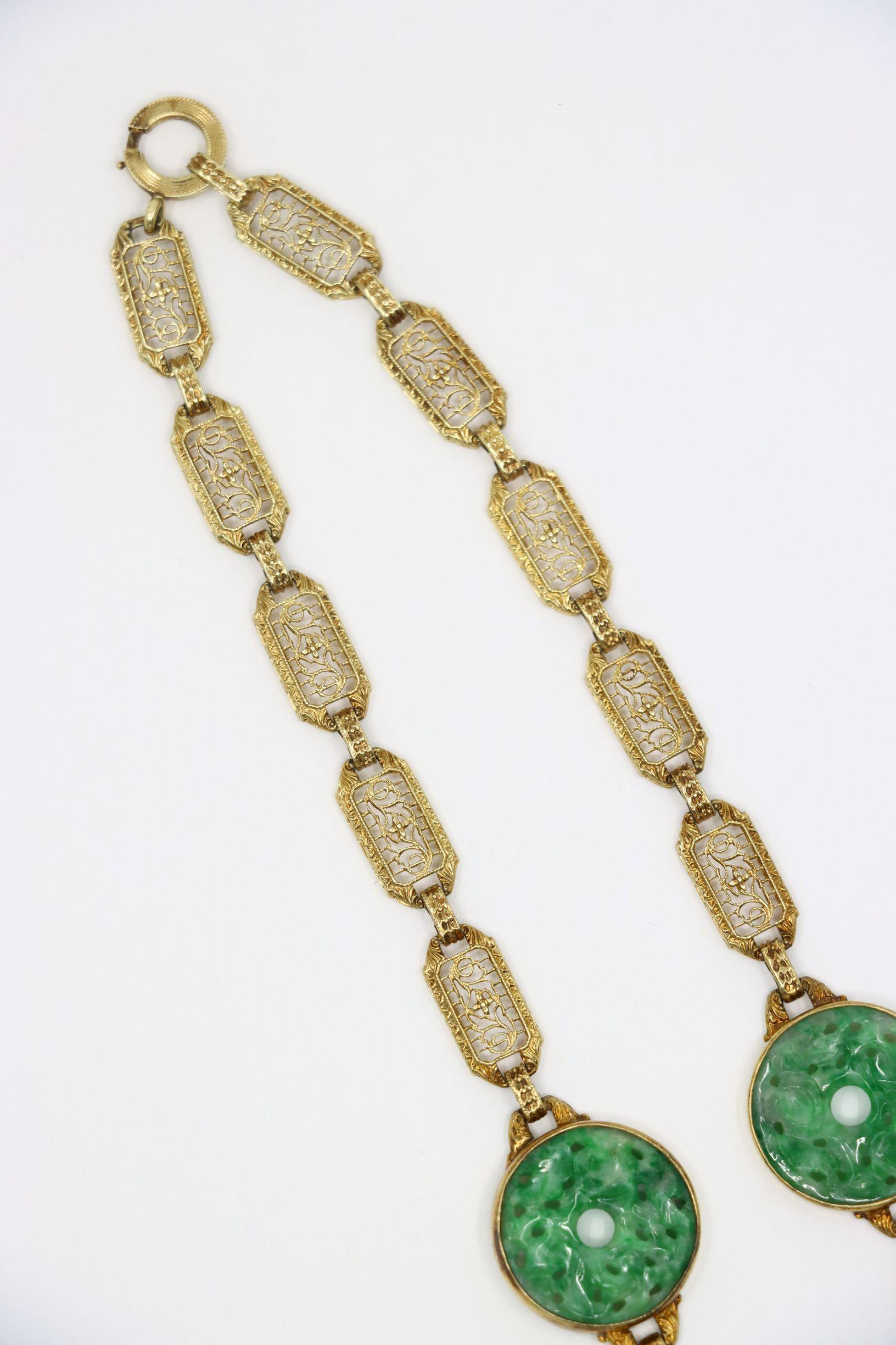 Ein Satz im chinesischen Stil 14K Gold Jade eingraviert  Halskette und Armband im Angebot 2