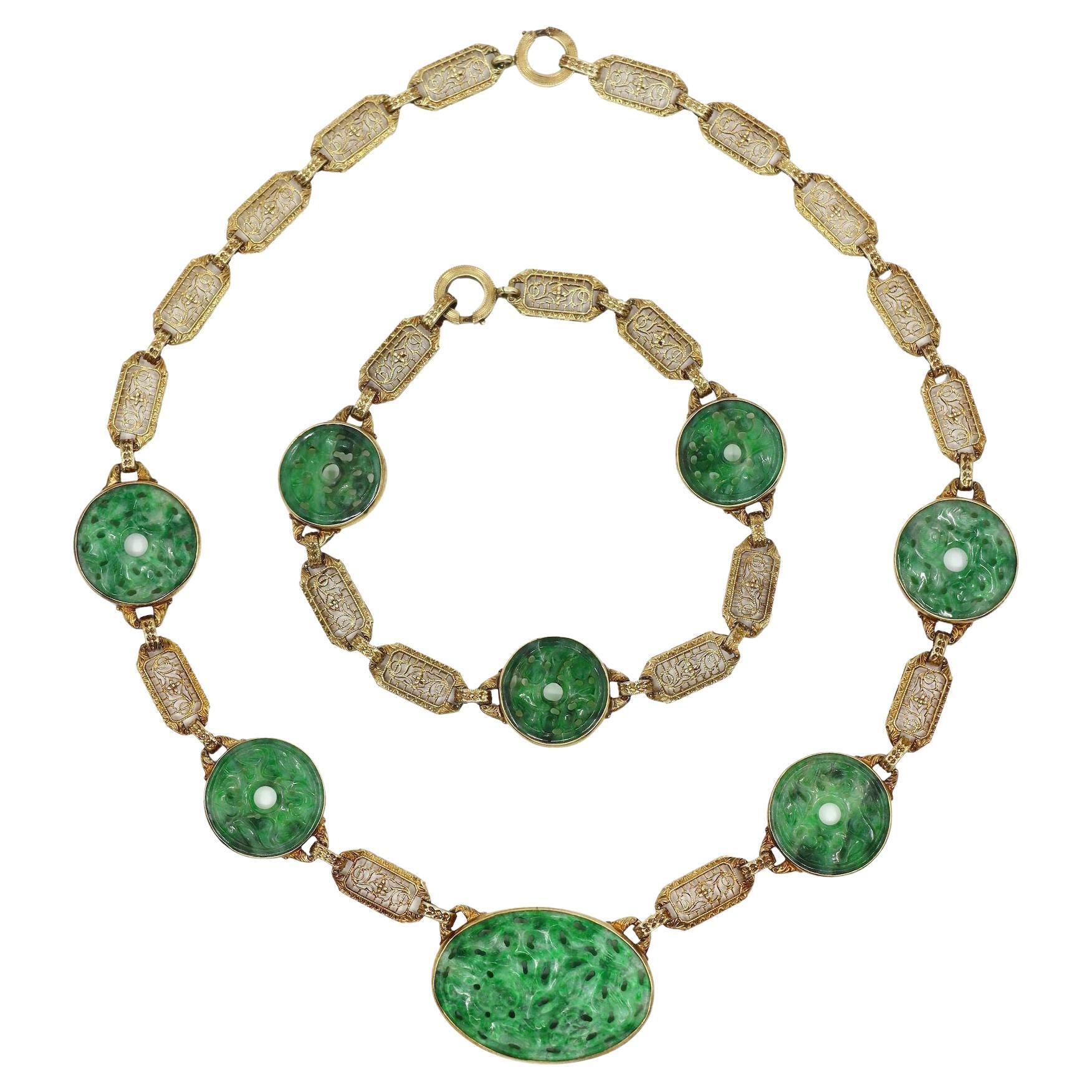 A Set Chinese Style 14K Gold Jade Engraved  Necklace & Bracelet